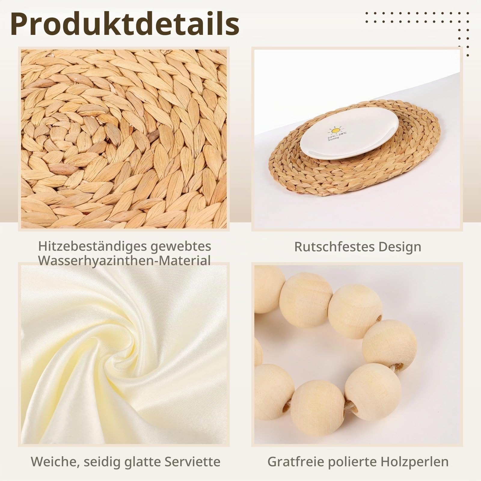 6-teiliges Boho-Wasserhyazinthen-Set, runde geflochtene Tischsets mit Holzperlen-Serviettenringen & Dinner-Servietten, farmhouseartige, hitzebeständige Tischsets