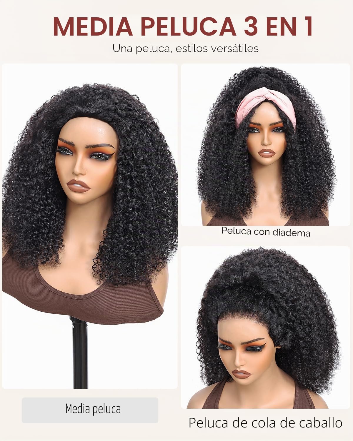 Media peluca de pelo humano 3 en 1, rizado sin costuras, 200 densidades, brasileño, sin pegamento, pelucas humanas con cordón para mujer, pelucas de pelo humano de 45 cm