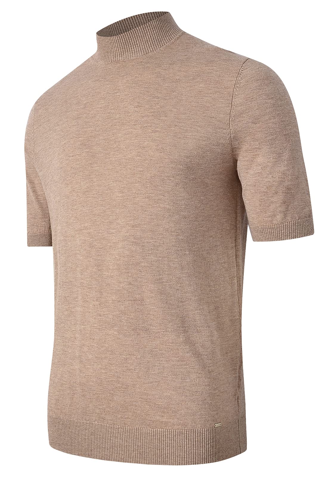 ZHILI Men's Light Weight Merino Wool Mock Turtleneck Sweater Undershirt Short Sleeve T-Shirt_Brown_Medium