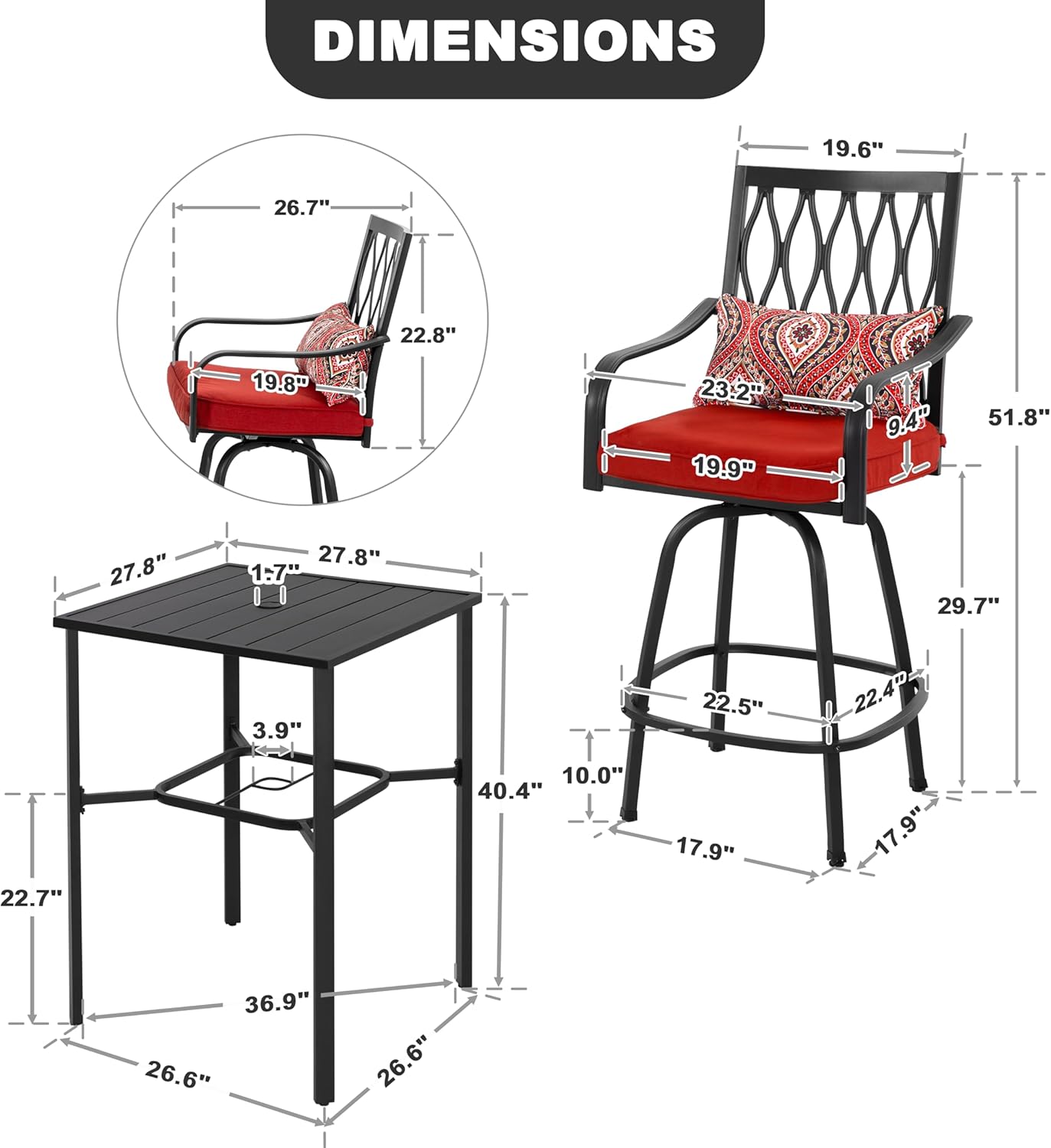 NUU GARDEN 3 PCS Patio Swivel Bar Sets with Padded Cushions and Extra Pillows,All Weather High Bistro Sets with 2 Outdoor Bar Stools and 1 Square Bar Table,Black,Red