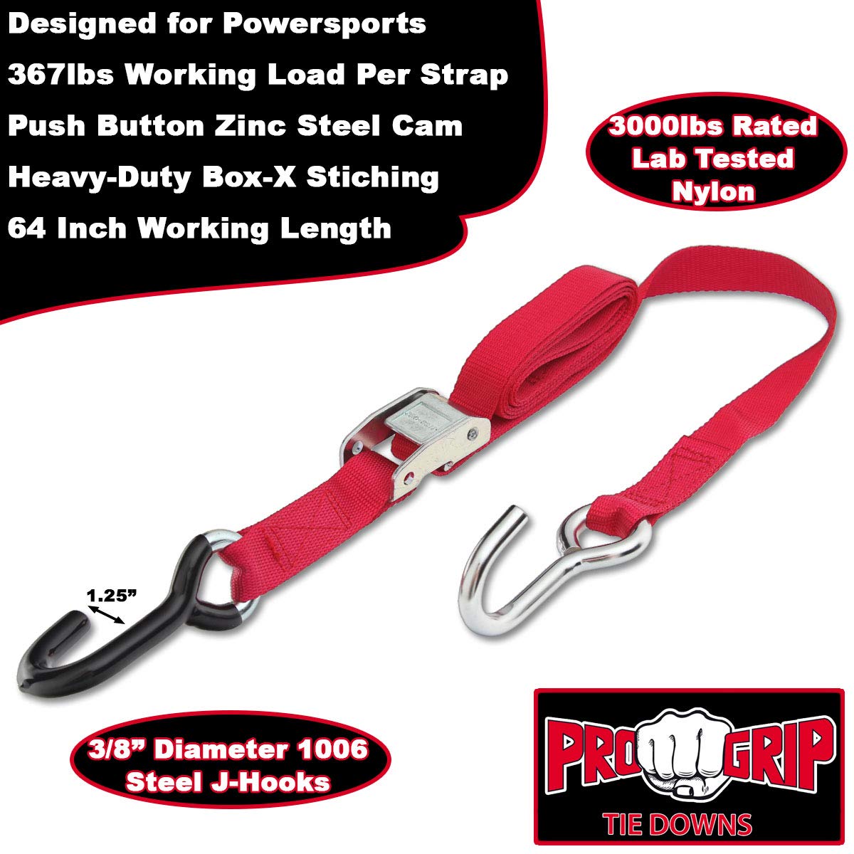 Progrip Powersports Motorcycle Tie Down Straps Lab Tested (2 Pack) Red