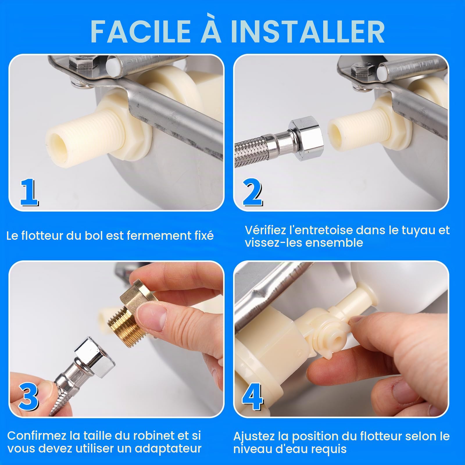 Abreuvoir en Acier Inoxydable avec Bouchon de Vidange, Connecteur, Tuyau Tressé et vis de Montage, Abreuvoir Automatique avec Valve à Flotteur pour Cheval Chien Bétail Chèvre Mouton Cochon