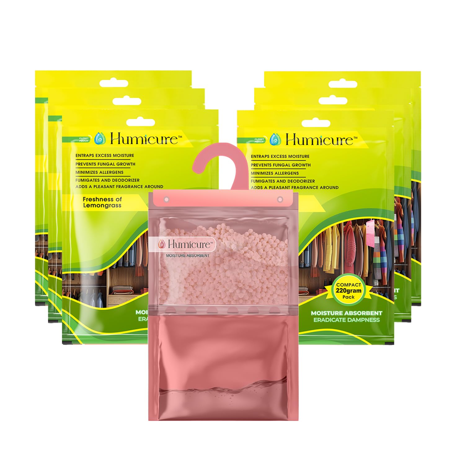 Humicure Moisture Absorber Dehumidifier | 500ml Absorption Capacity | Prevents Mold, Dampness & Odor in Wardrobe, Bathroom, Kitchen & Bedroom | 220g x 6 (Lemongrass)