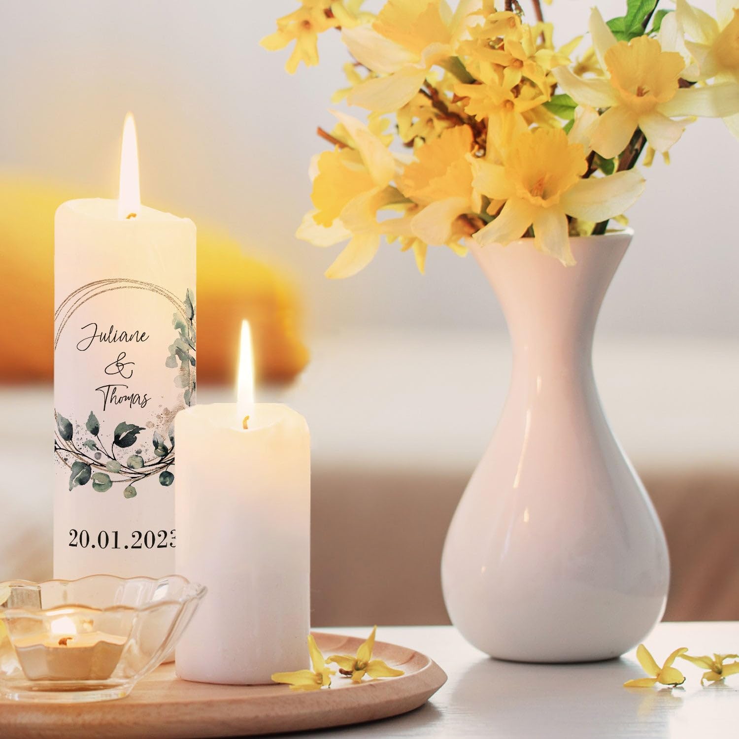 GRAVURZEILE Candela Stampata - Cerchio Floreale - Personalizzata Con Nome e Data per Nozze - Regalo per Sposi - Pilastro di Alta Qualità 250/80 mm - Bianco