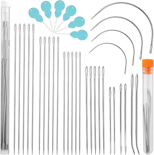 Miniatura 10 de Juego de 40 agujas de coser grandes a mano, agujas de coser largas, agujas de costura de ojos grandes con enhebrador de dedales y tubo de