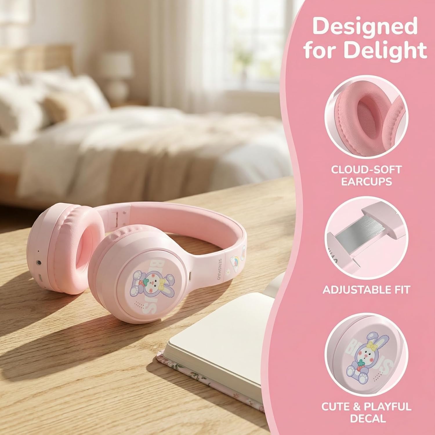 Hybrid Active Noise Cancelling Headphones, Wireless Over Ear Bluetooth Headphones, 60 Hours Playtime, Foldable Headset with Deep Bass, Foam Earmuffs, for Travel, Home Office (Pink)