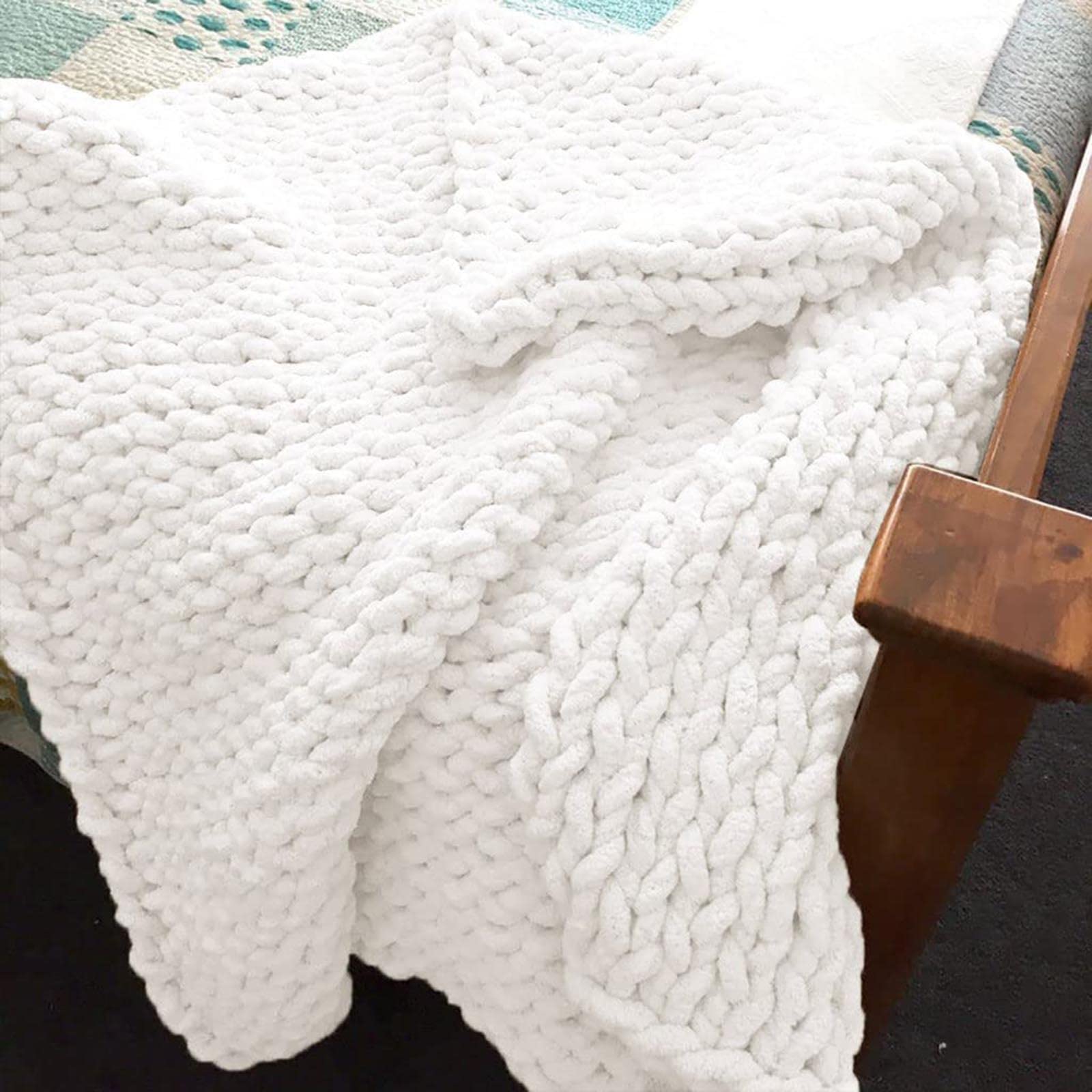 Coperta da Letto Coperta a Maglia Grossa Morbida Coperta da Divano in Ciniglia Lavorata a Mano, Coperta Boho Soffice, Tappetino per Yoga, Lavabile in Lavatrice,Bianca,180X200CM
