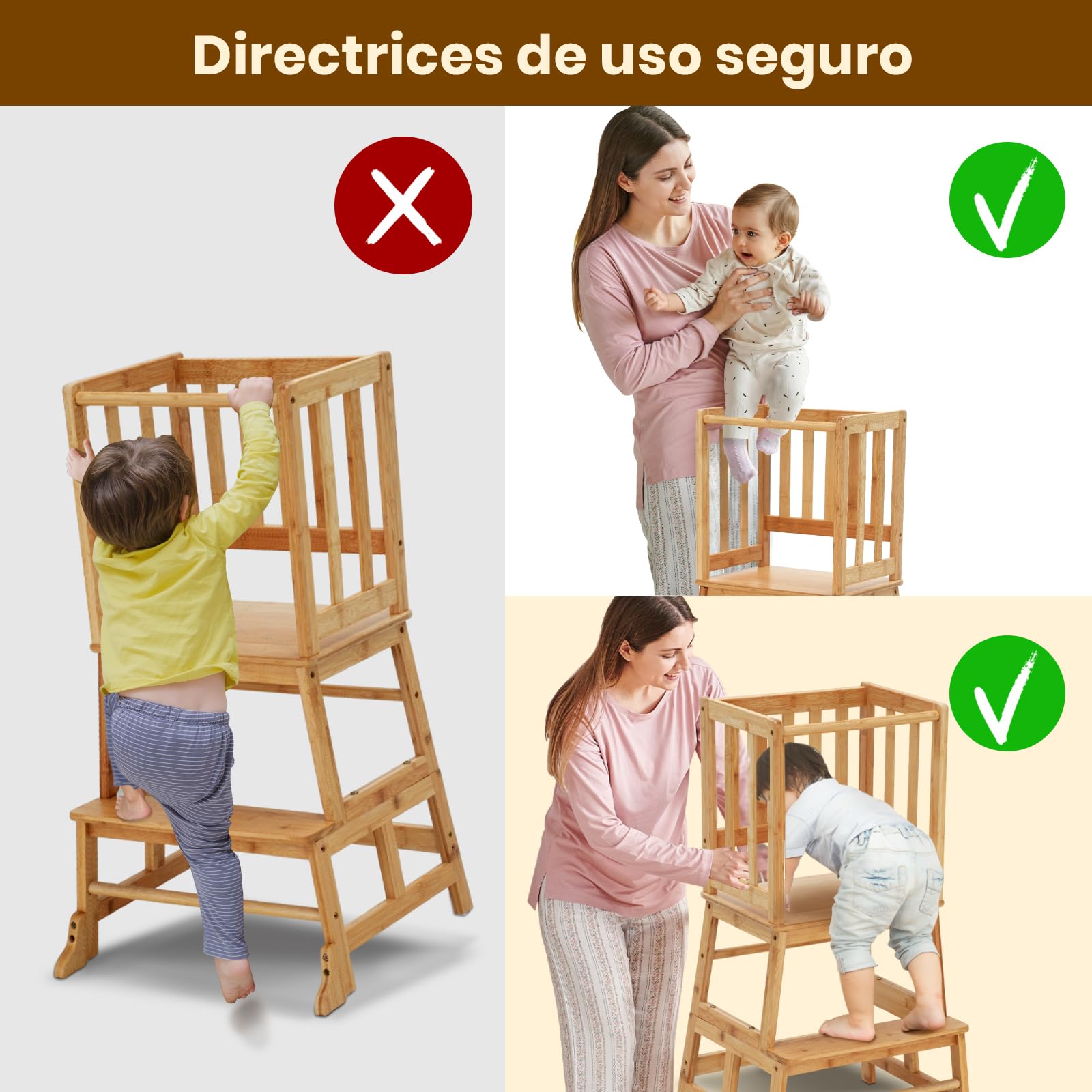 COSYLAND Torre de Aprendizaje Desde 18 Meses - Torre Aprendizaje para Niños - Protección Antivuelco y Barra de Seguridad - para Baño, Habitación Infantil y Cocina - Color Bambú