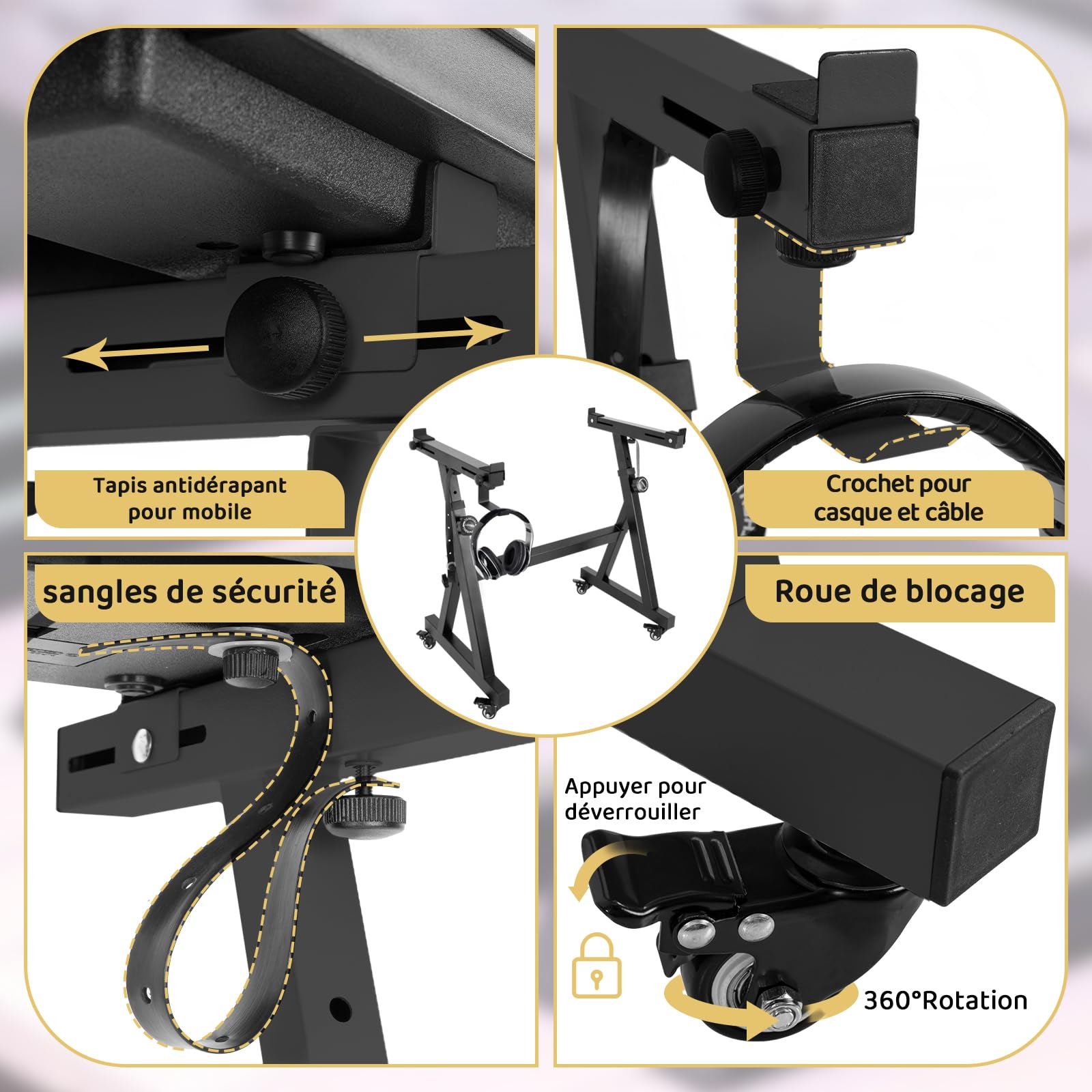 Support de Clavier Piano Réglable en Hauteur 55 à 87 CM, Support de Piano en Z avec 4 Roulettes Pivotantes, Convient aux Pianos de 54 à 88 Touches, Capacité de Charge 160 KG (Noir)