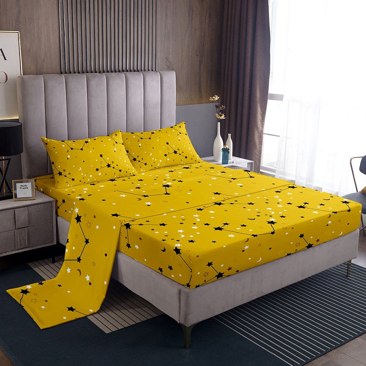 Galaxy Bed Sheets Kids Yellow Gray Star Constellations Sheet Set Boys Girls Space Moon Stars Bedding Set Teens Starry Sky Bed Sheet Set Bedroom Bed Set Double Size