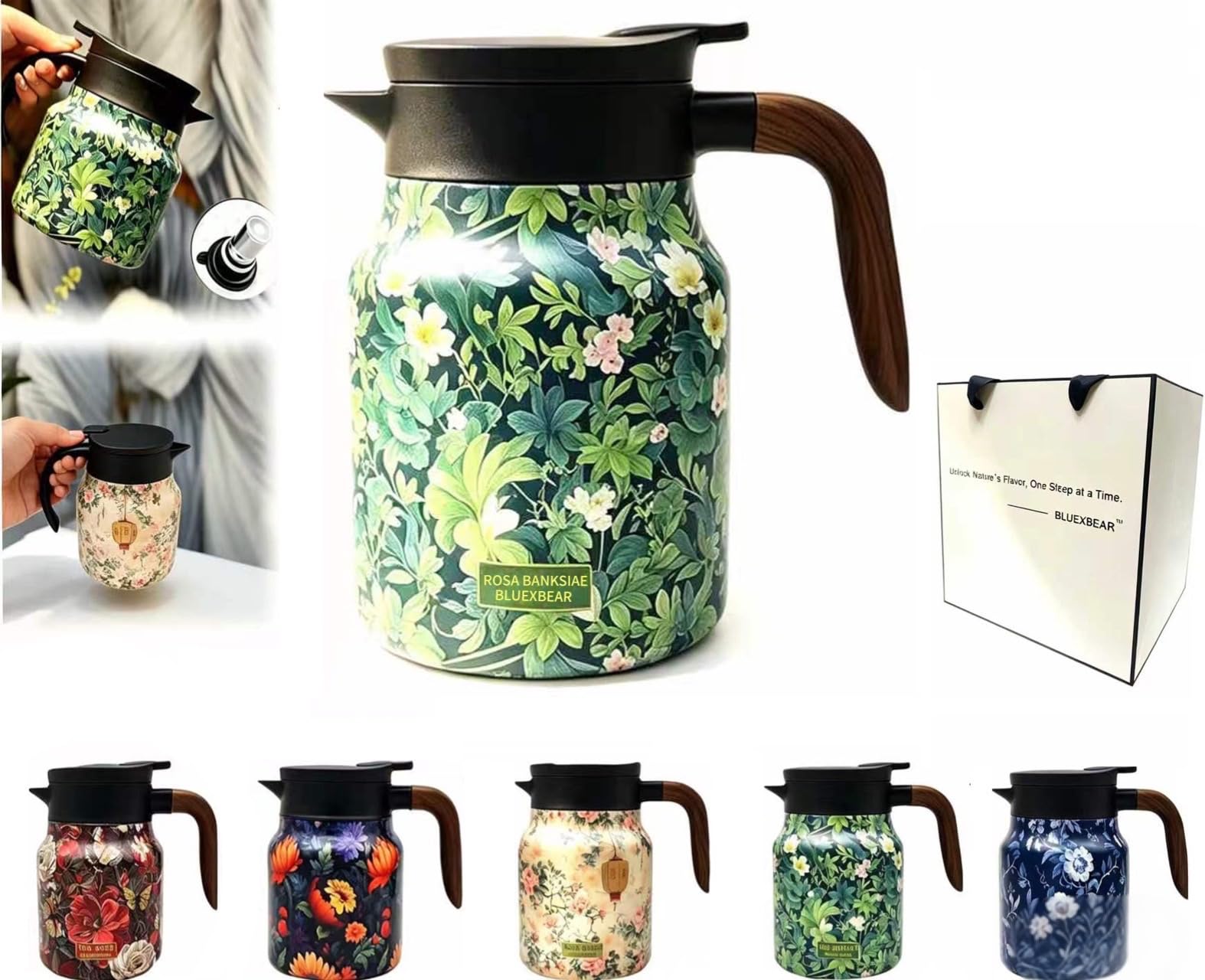 Thermos en acier inoxydable et bois Raidley Doresty au design floral unique