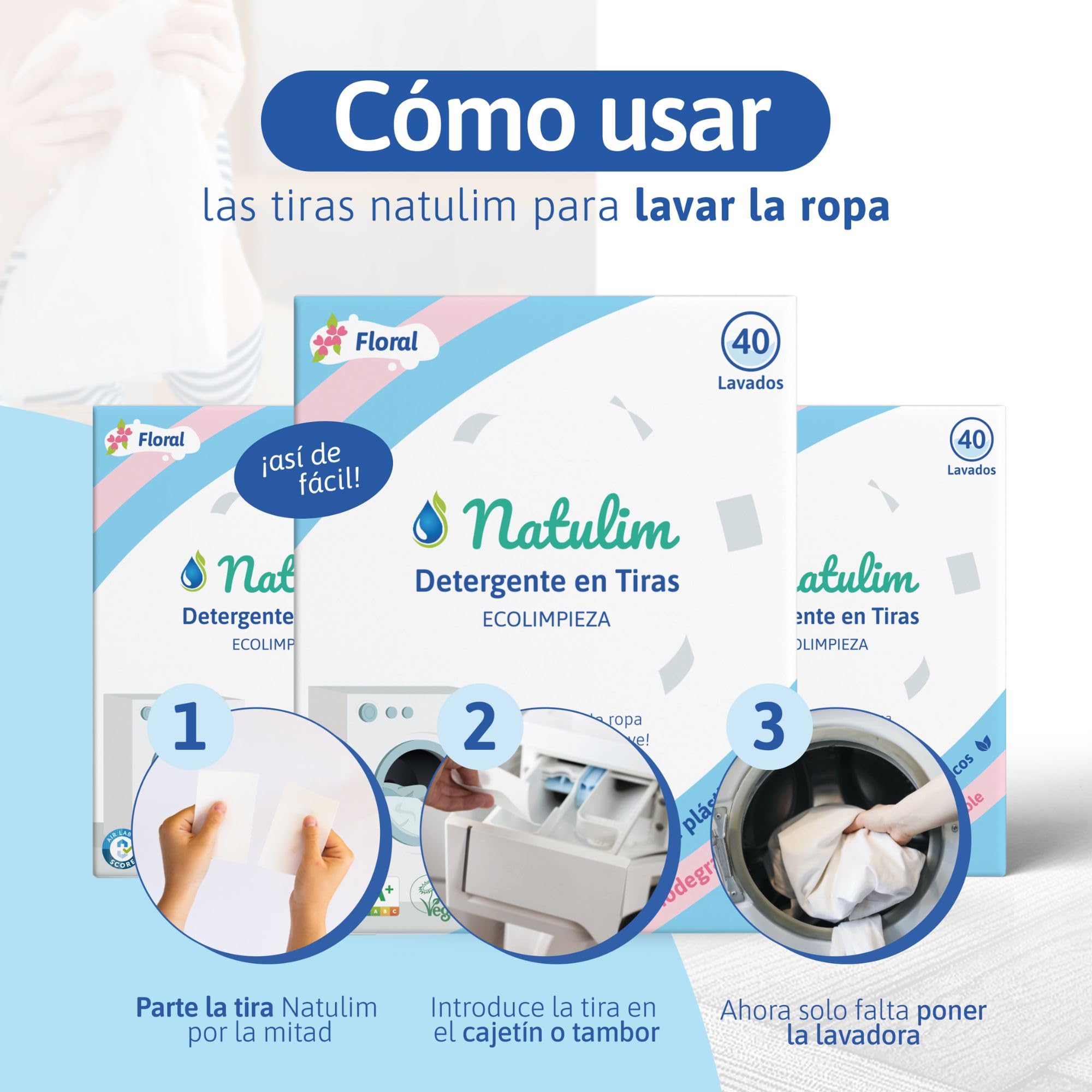 Natulim - Detergente en Tiras para Lavadora (40 Lavados) - Incluye efecto Suavizante, Ecológico, Hipoalergénico, Made in Spain - Ropa limpia y suave sin ensuciar el Planeta (Fragancia Floral)