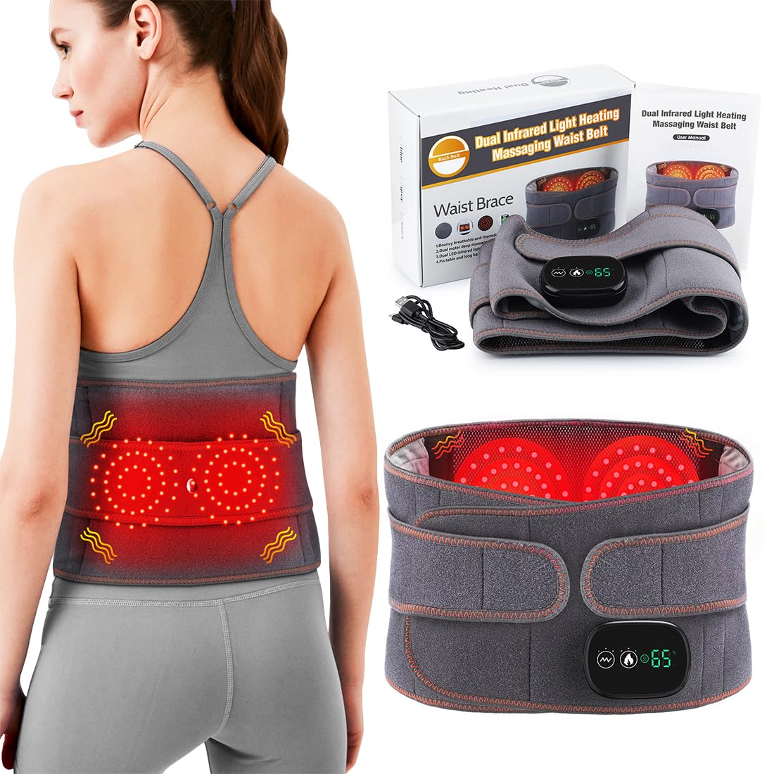 Damen und Herren Orthopädischer Rückengurt mit Rotlicht-, Wärme- & Vibrationstherapie – Verstellbarer Lendengurt 70–132cm zur Schmerzlinderung bei Rücken & Bandscheiben