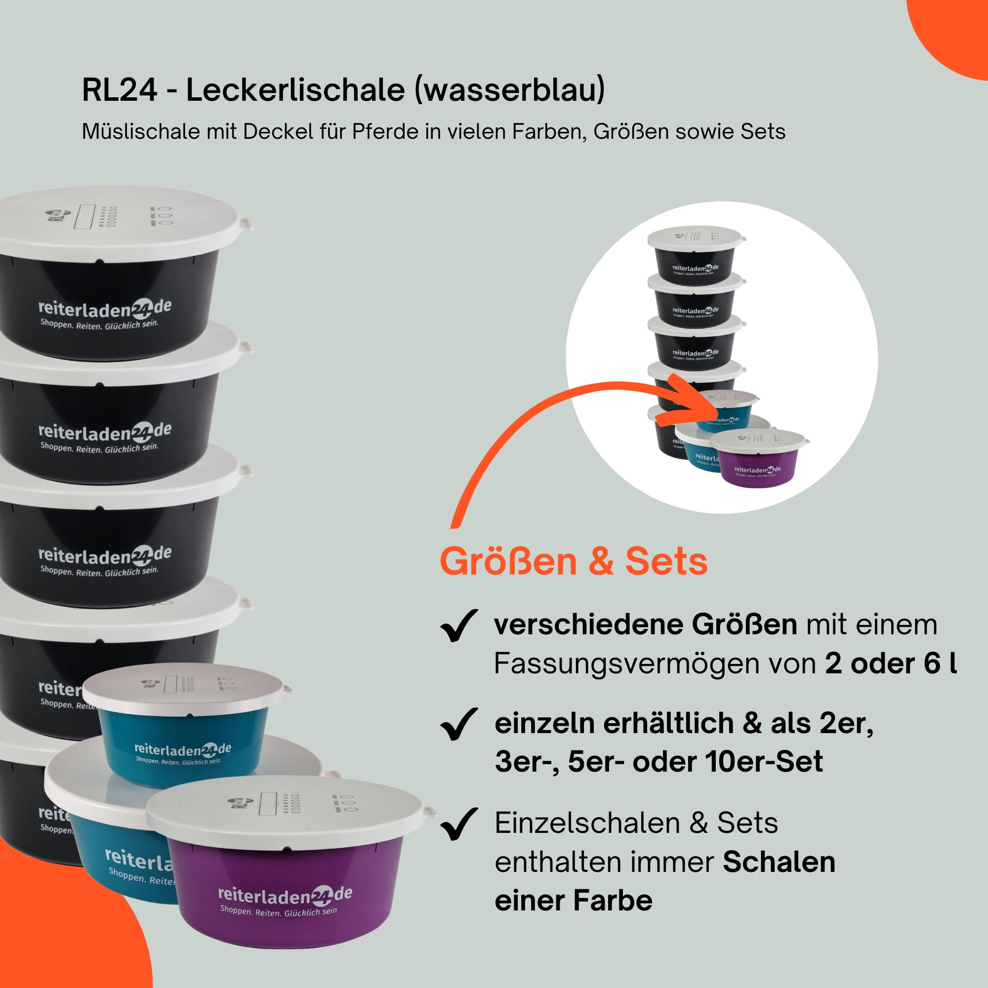 RL24 - Leckerlischale – Pferde Müslischale mit Deckel – Futterschale zur Aufbewahrung von Leckerli & Pferdefutter – Leckerli-Dose in Wasserblau – 3 Schalen á 6l (3er Set) – Pferdezubehör