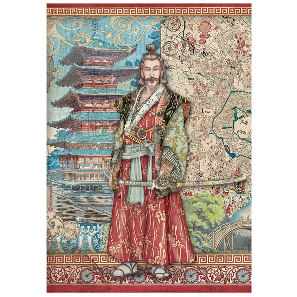 Stamperia International Stamperia-Rice Paper-Sir Vagabond in Japan-Samurai, Red, Teal, Brown, A4