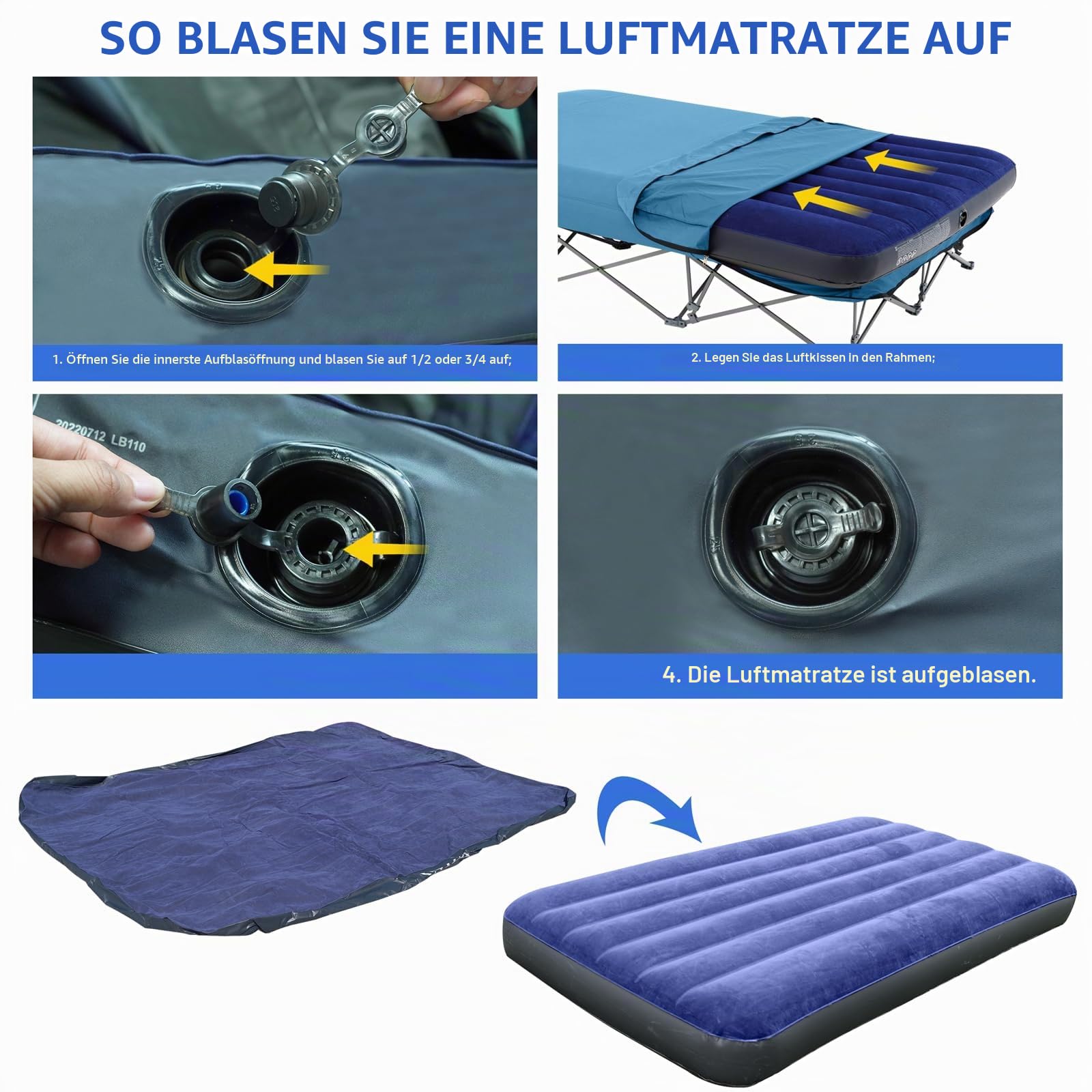 KAMPKEEPER Campingbett, zusammenklappbares Campingbett mit aufblasbarer Luftmatratze und Tragetasche, für Outdoor-Reisen