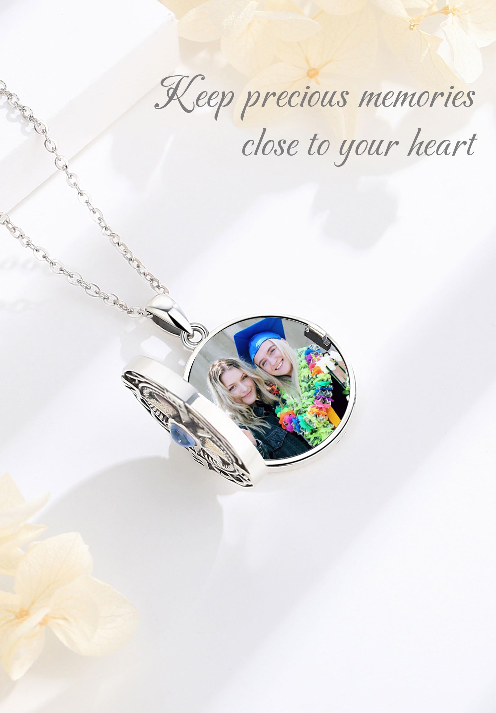 S925 Collana con Medaglione in Argento Sterling con Bussola per Donna, Ciondolo con Urna con Bussola Personalizzata Foto in Pietra di Luna Gioielli Regalo di Compleanno, 20+2"