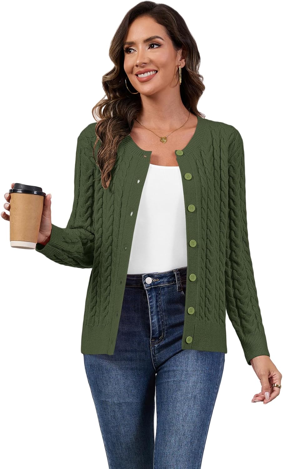 LILBETTER Womens Cable Knit Long Sleeve Crewneck Button Down Open Front Cardigan Sweater for Fall and Winter 2025 - Image 3