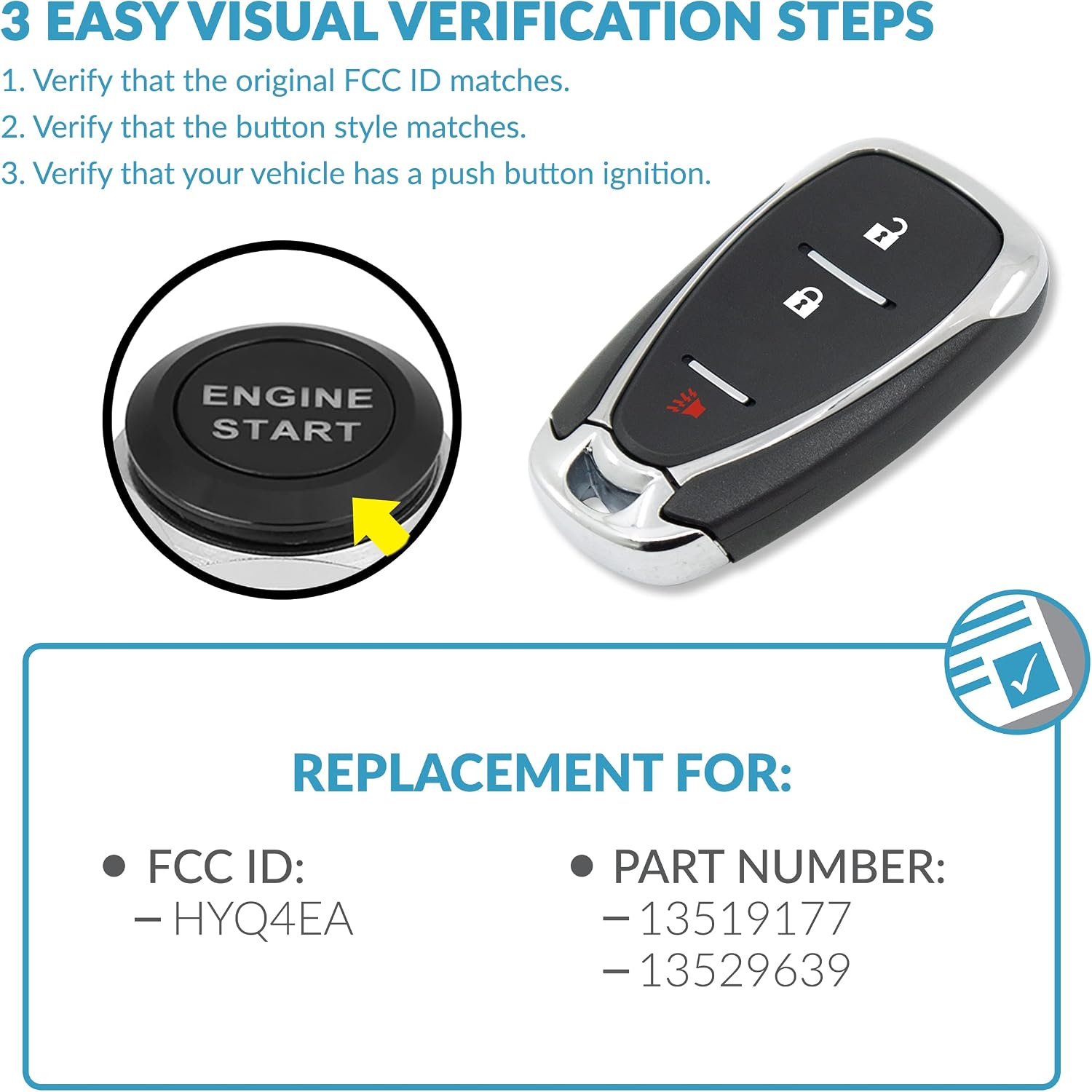 Keyless2Go Replacement for 3 Button Proximity Smart Key 433 Mhz Chevrolet HYQ4EA 13519177