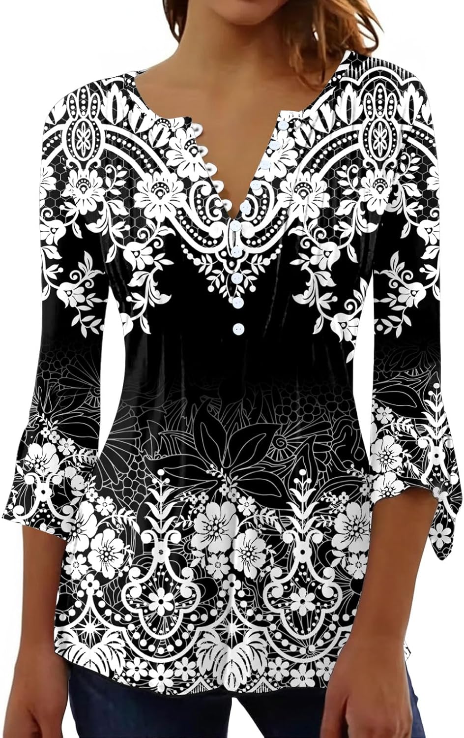 Womens Tops Dressy Casual Pleated Button Neck Summer Blouses 3/4 Flared Sleeve Fall Shirts