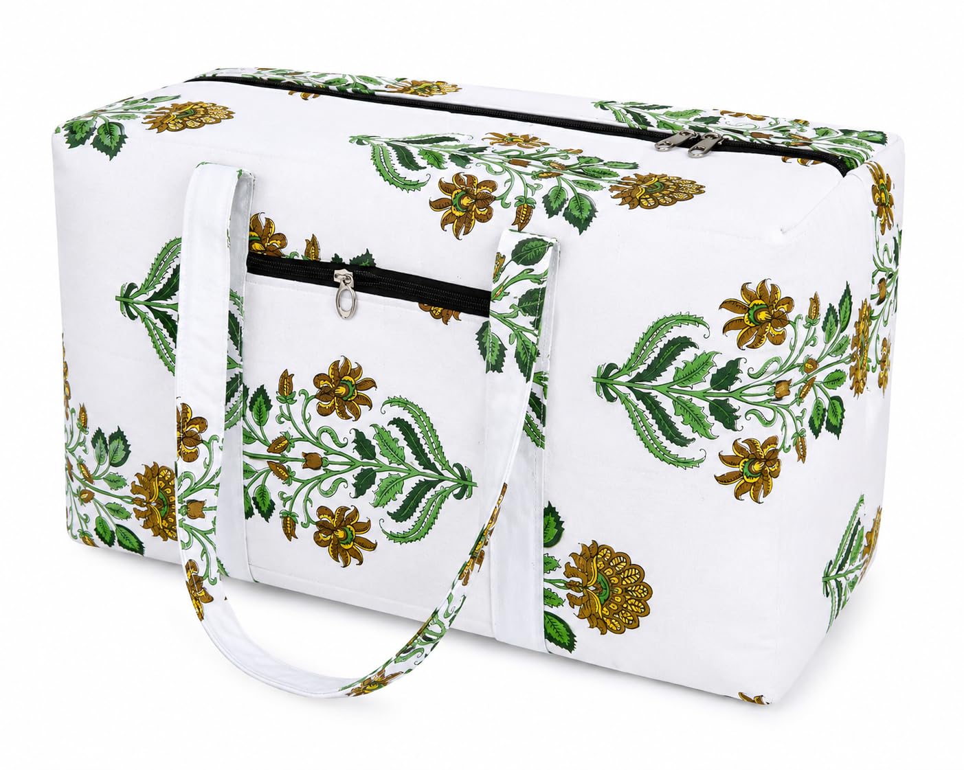 Kanika Creations Floral Travel Duffel Bag for Women | 17 Inch Lightweight Weekender & Overnight Bag | Water-Resistant Fabric | Spacious Travel Tote with Front Zip Pocket | White & Green Floral Print-image-33