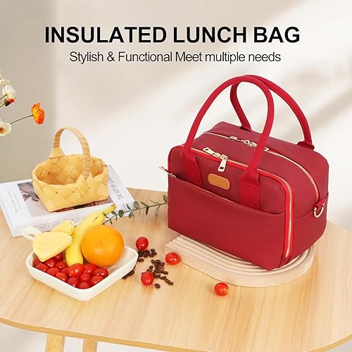 Miniatura 2 de Lonchera pequeña para mujer, elegante bolsa de almuerzo de cuero con amplia apertura, lonchera moderna, bolsa térmica con asa de transporte con