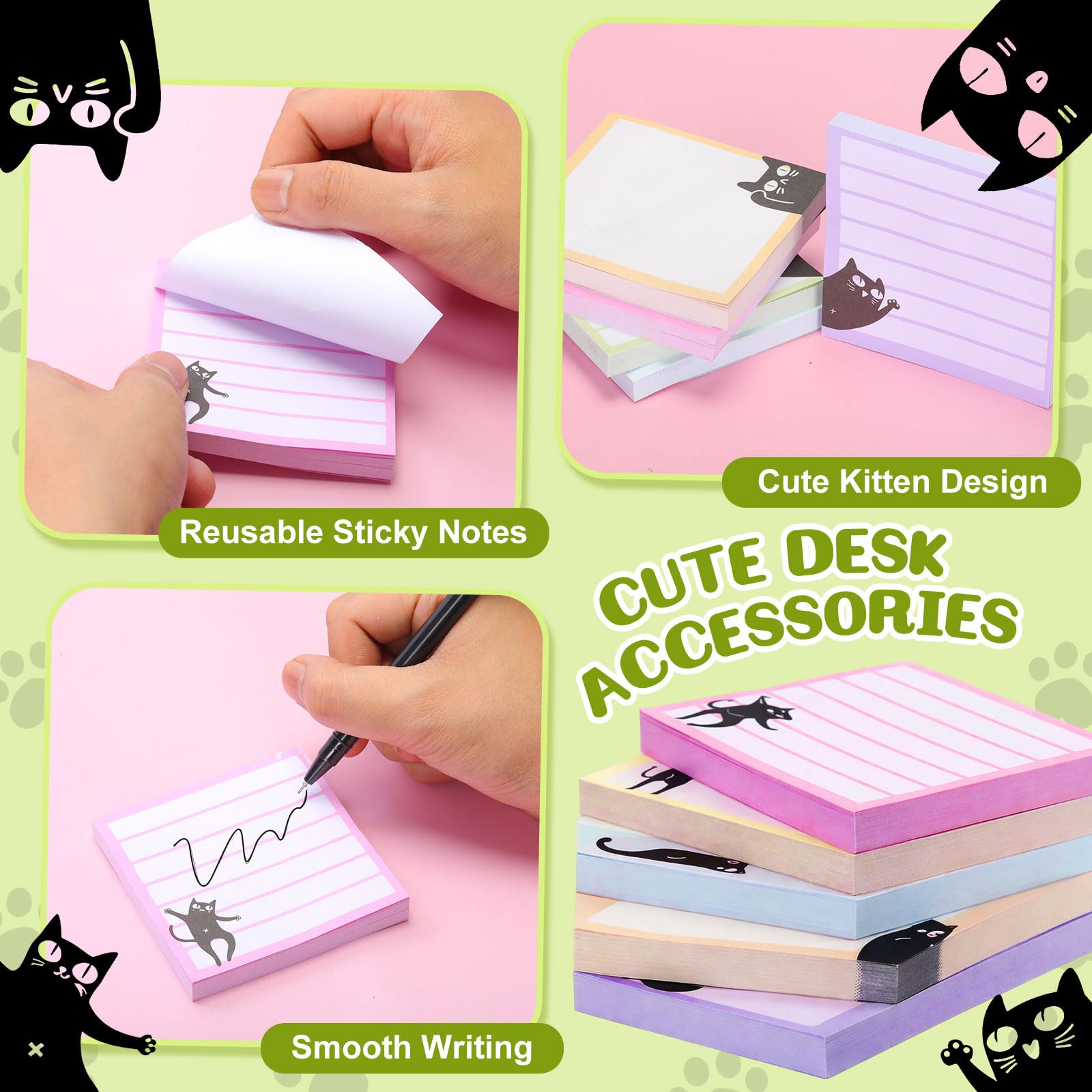 12 articoli per ufficio per gatti inclusi 6 penne Kawaii, penne da scrittura con inchiostro nero da 0,5 mm, 6 blocchetti di note adesive, 7,6 x 7,6 cm, carini autoadesivi per ufficio e scuola