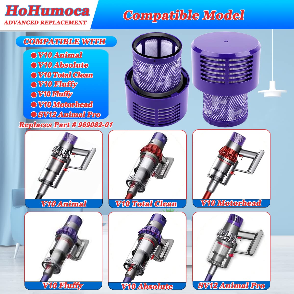 HoHumoca Dyson V10 SV12 serisi elektrikli süpürge için yıkanabilir yedek filtre, yedek HEPA posta motor filtresi Dyson V10 Cyclone hayvan Absolute Total Clean Motorhead SV12, DY#969082-01 ile uyumlu
