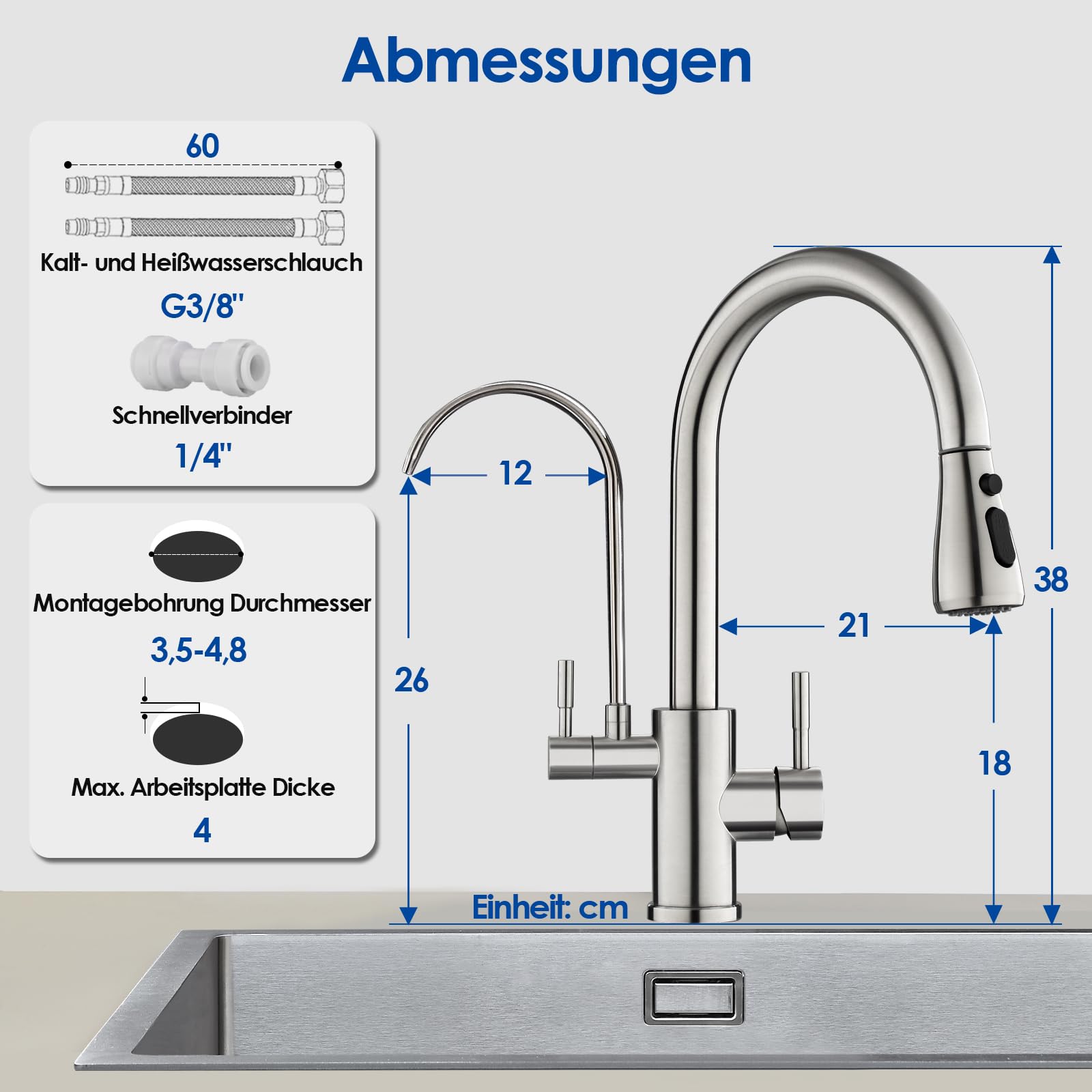 ROVOGO 3 Wege Wasserhahn Küche mit Filter, Hochdruck Küchenarmatur mit Brause Ausziehbar, Doppelhebel Spültischarmatur für Heiß-, Kalt- und Trinkwasser, Mischbatterie Gebürstet Edelstahl, C-Auslauf