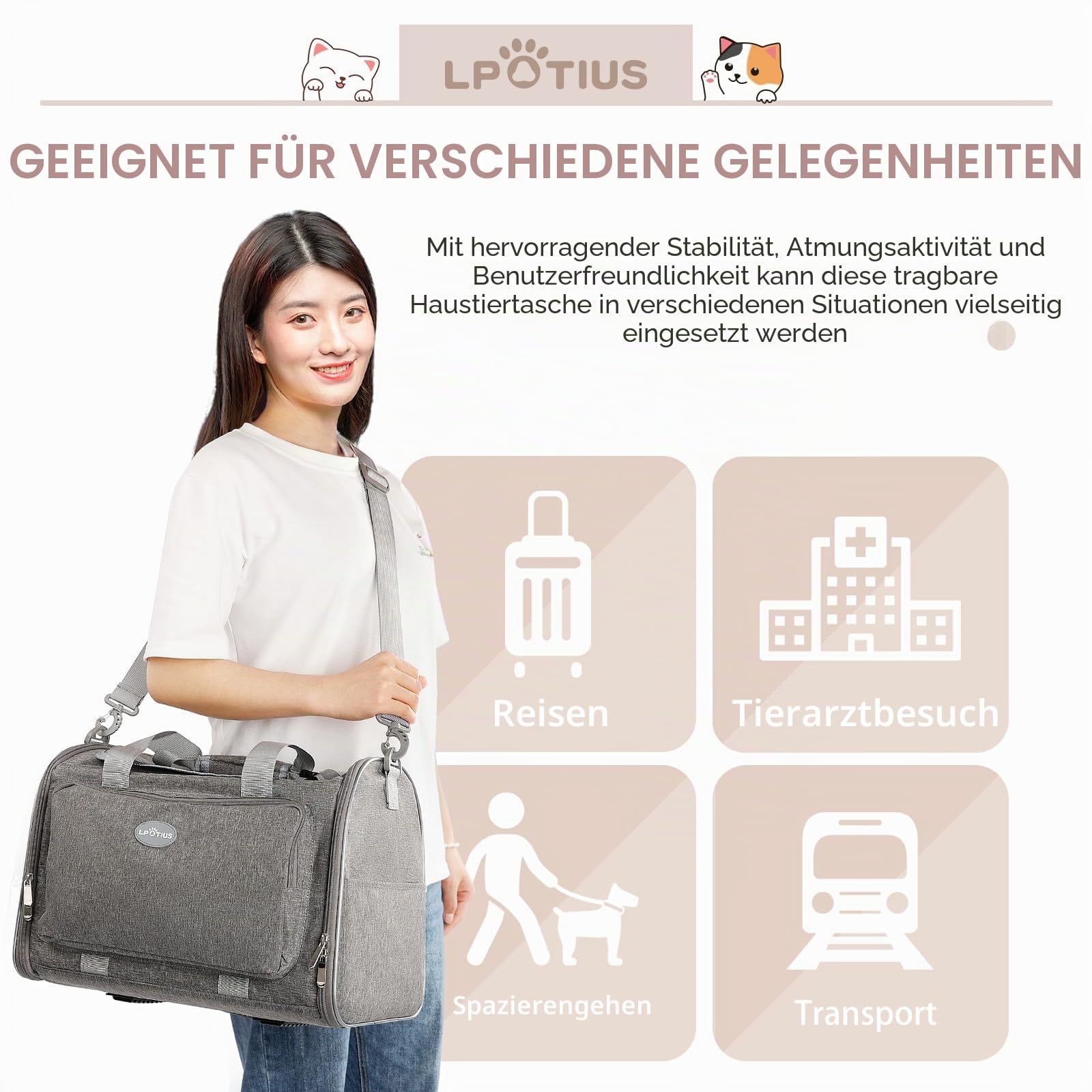 Transporttasche für Katzen, Tragetaschen für Hunde, atmungsaktiv und faltbar, Transportbox für Katzen mit verstellbarem Schultergurt (Grau)