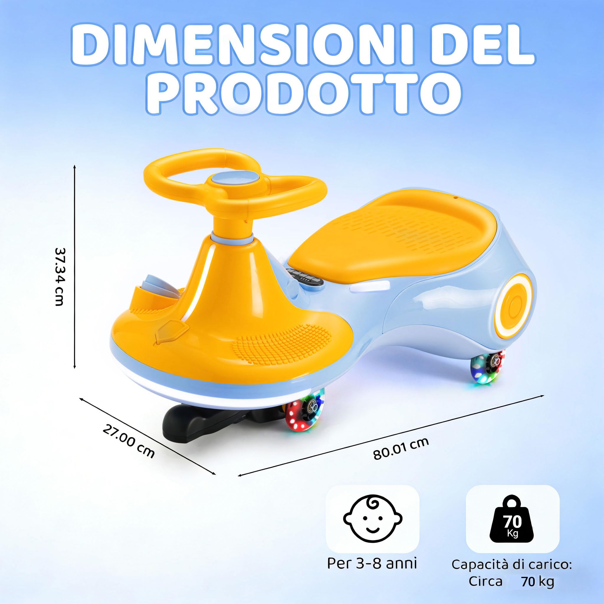 Auto a dondolo elettrica per bambini 12V, giocattolo 3-in-1 con pedale, batteria ricaricabile, 3 modalità, anti-ribaltamento, ruote luminose, musica, età 3-8 anni, 30-70kg, giallo blu
