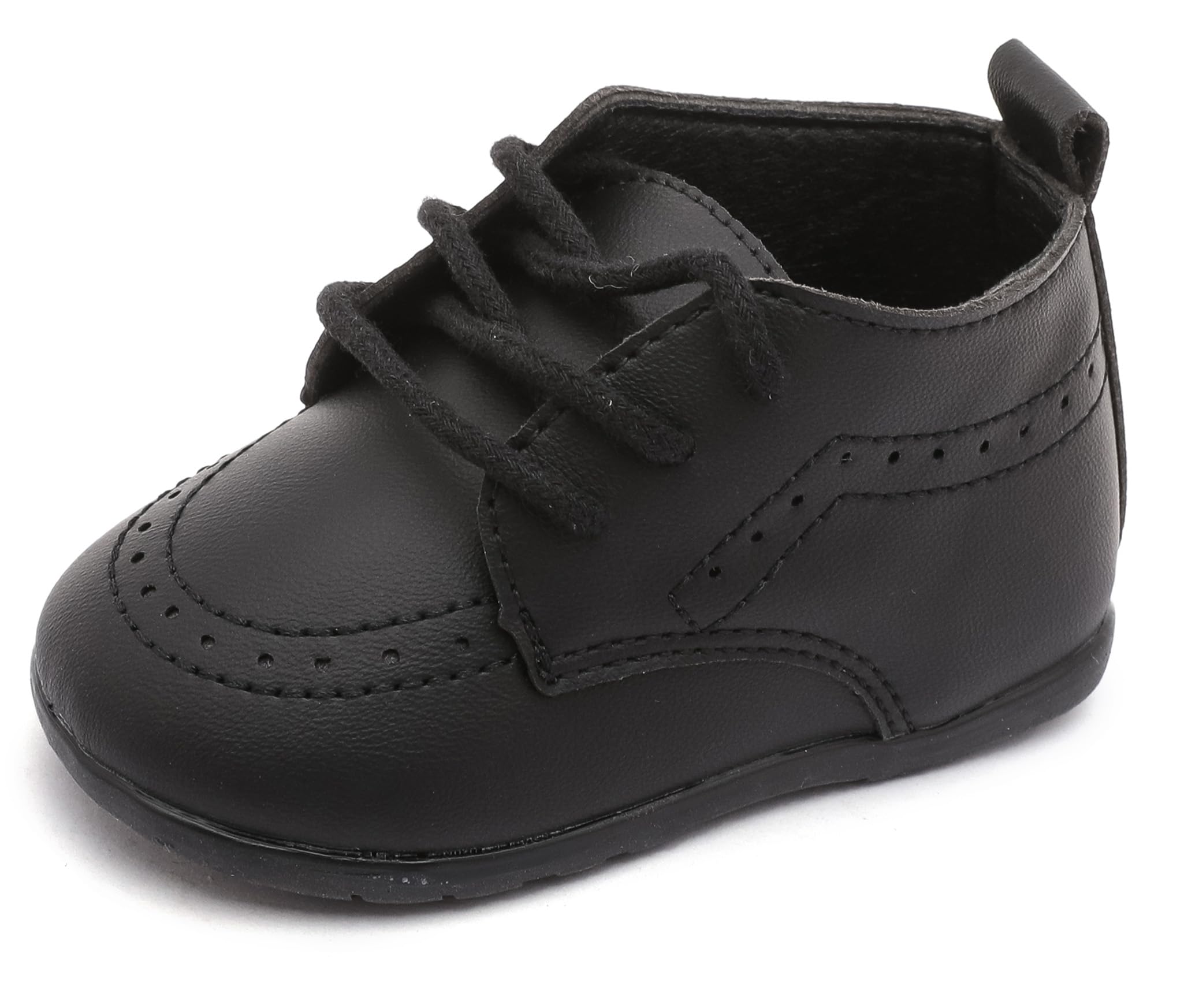 Greceen Baby Boys Girls Classic PU Leather Adjustable Lace-up Loafers Oxford Style Dress Shoes for Crawling Babies Toddlers, Wedding Formal First Steps Walking Flat Lazy Crib Shoes 253 Black 2
