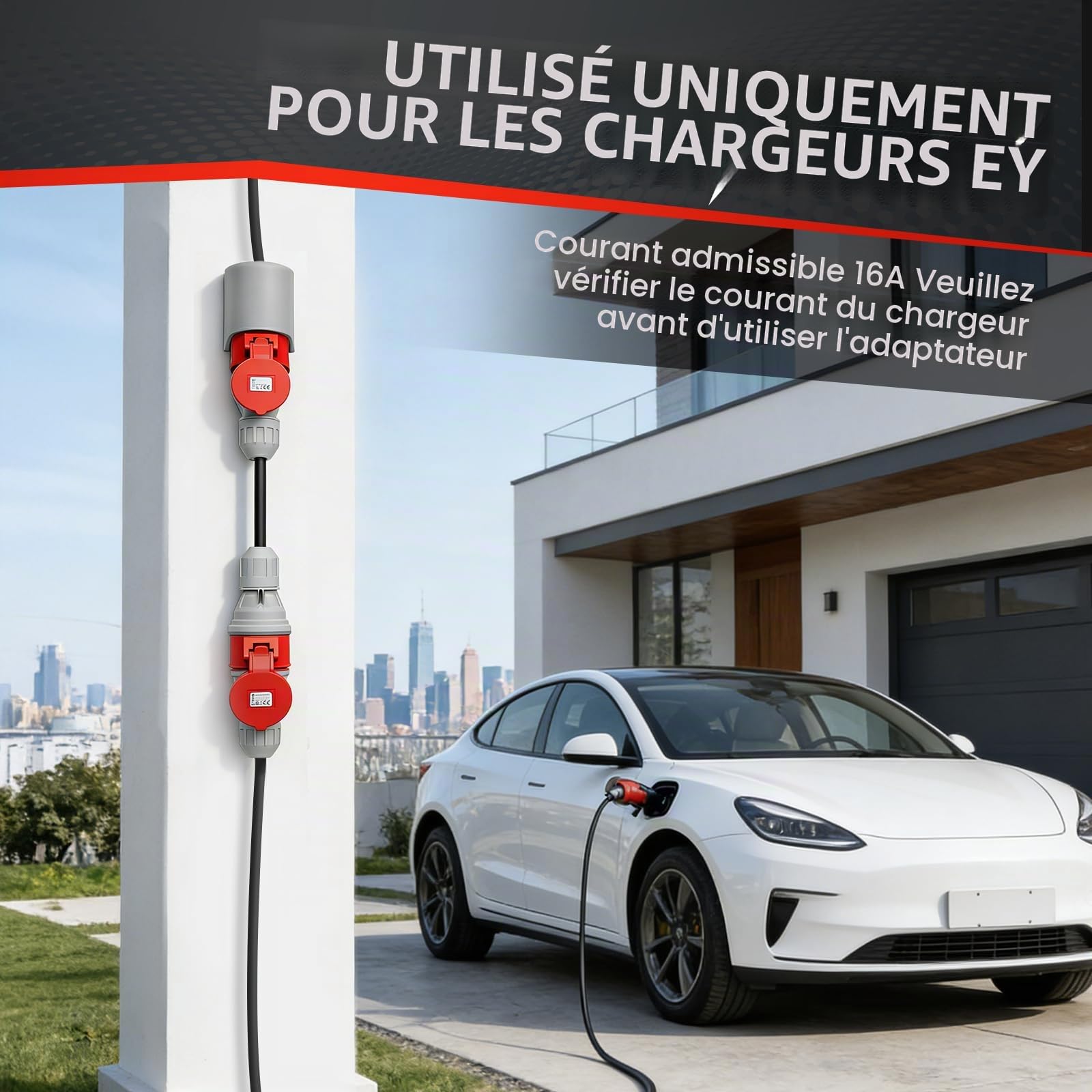Adaptateur CEE 32A vers 16A, 5 pôles, IP44 étanche avec Couvercle de Protection Auto-fermant pour Industrie, Chantiers et Voiture électrique