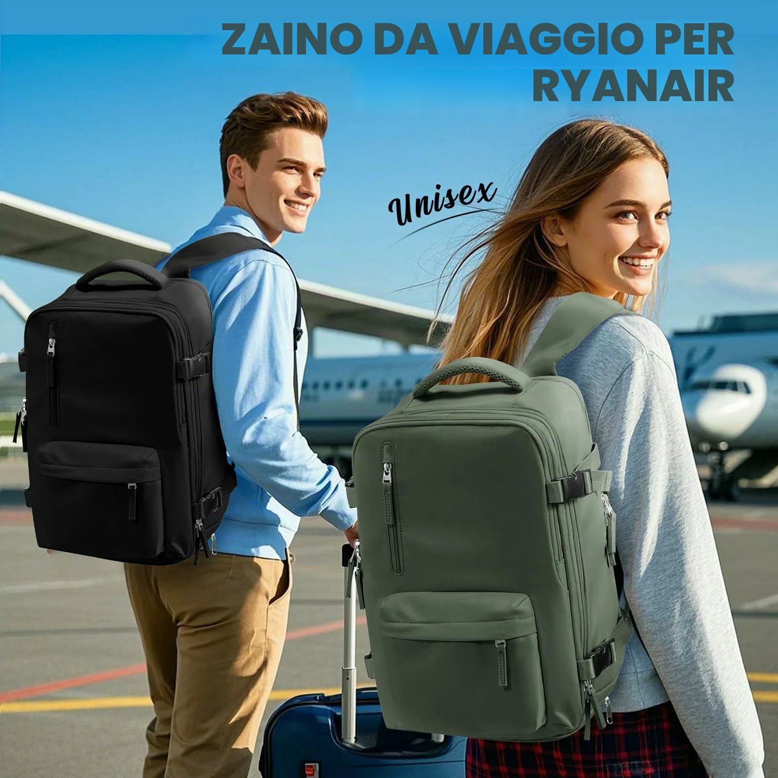 Zaino Borsa 40x30x20 Approvato Dell'aereo per Gite A Breve Distanza di Cabina 40x20x25 Backpack da Viaggio Bagaglio Mano-Nero