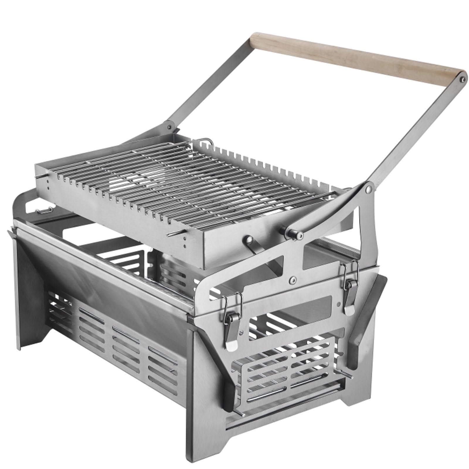 Barbecue a carbone portatile con cestello girevole in acciaio inox 304 | Il manico in legno offre una presa comoda e le parti smontabili si ripongono facilmente per campeggio, picnic e viaggi.