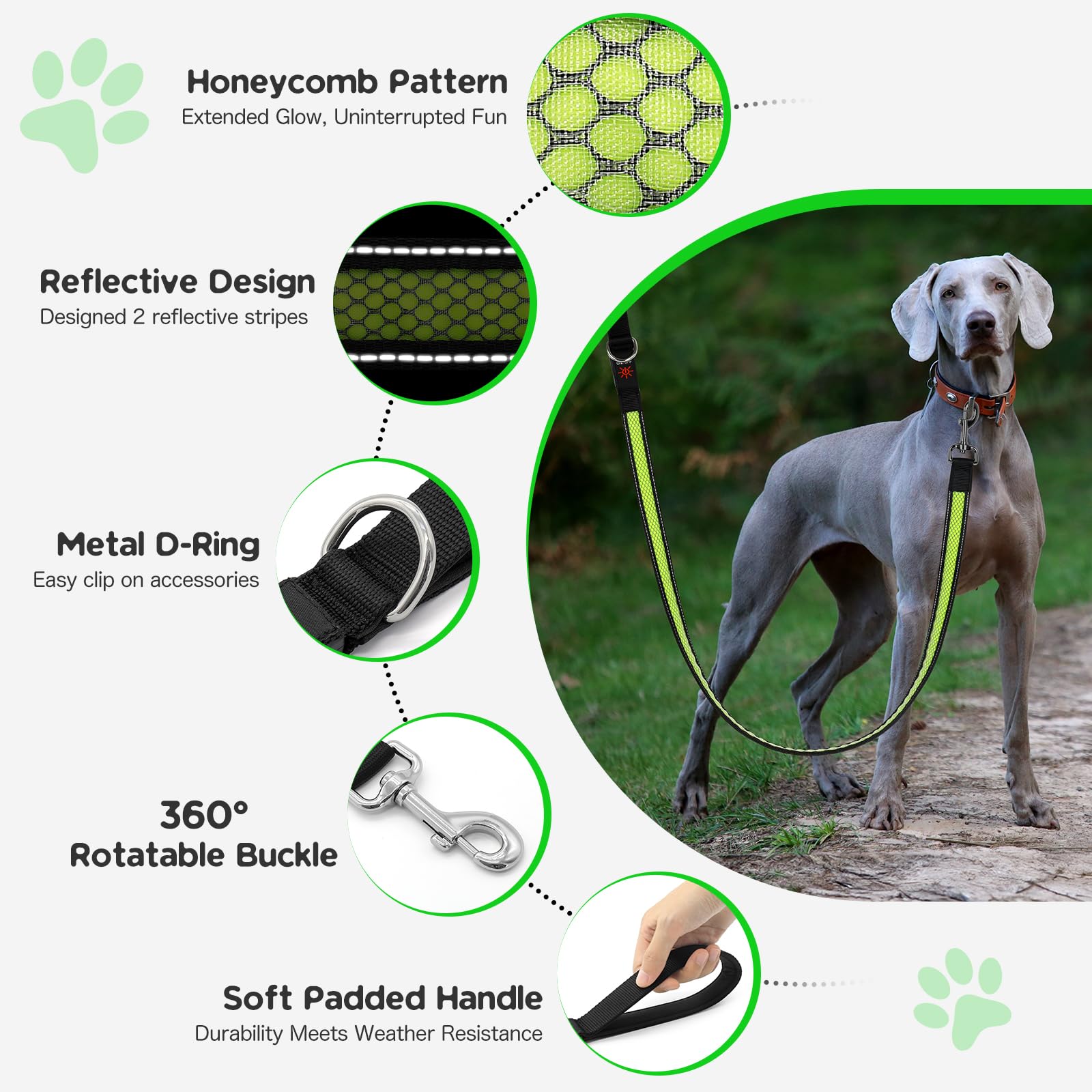 Candofly Correa LED para perro de 4 pies, recargable por USB, 3 modos de iluminación, brilla en la oscuridad, correas reflectantes de nailon para mascotas con luces para caminar por la noche (verde)