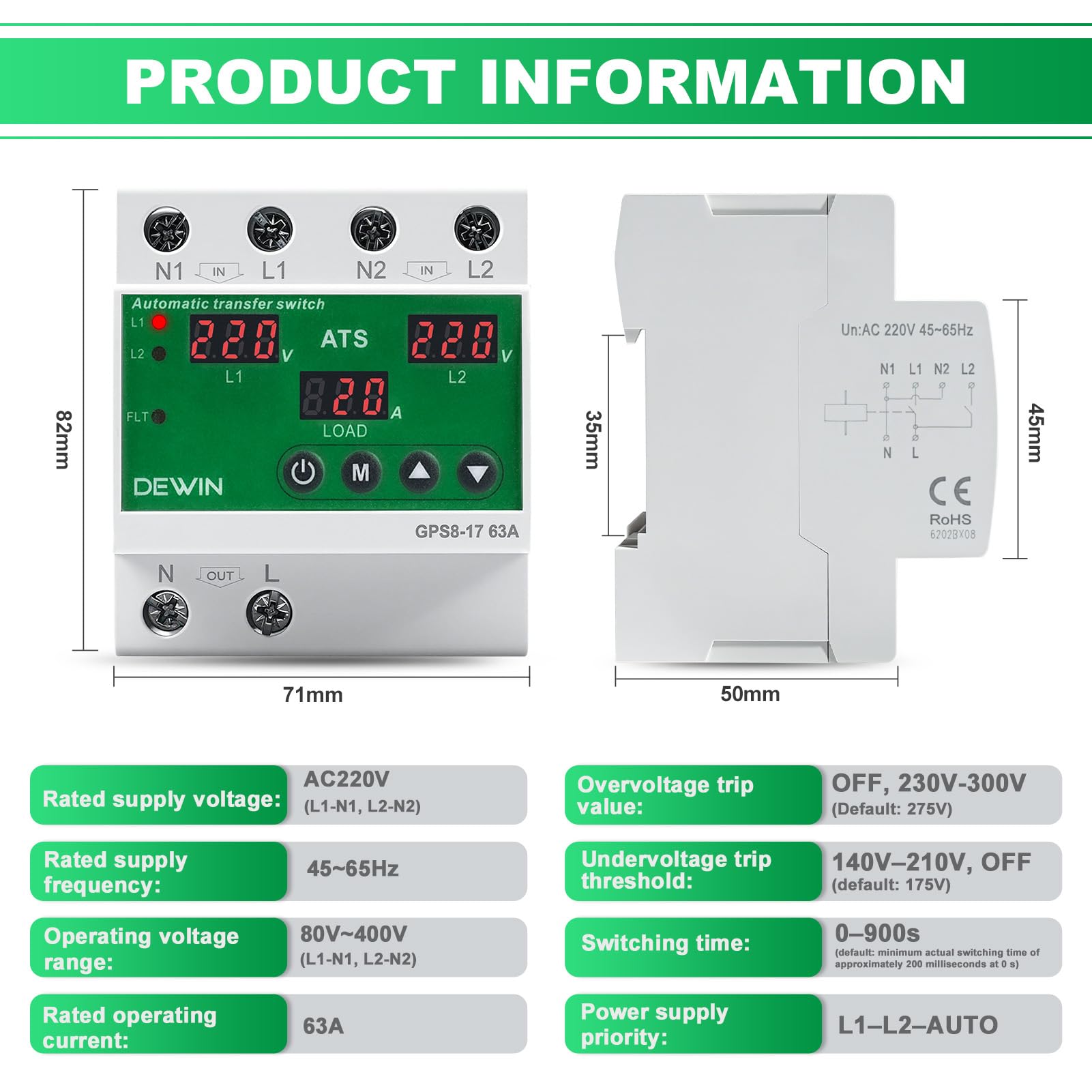 Commutatore di Rete Automatico,ATS 63A AC220V Interruttore di Trasferimento | Interruttore di Trasferimento Automatico con Display LED,Protezione da Sovratensione e Sottotensione Regolabili （GPS8-17）