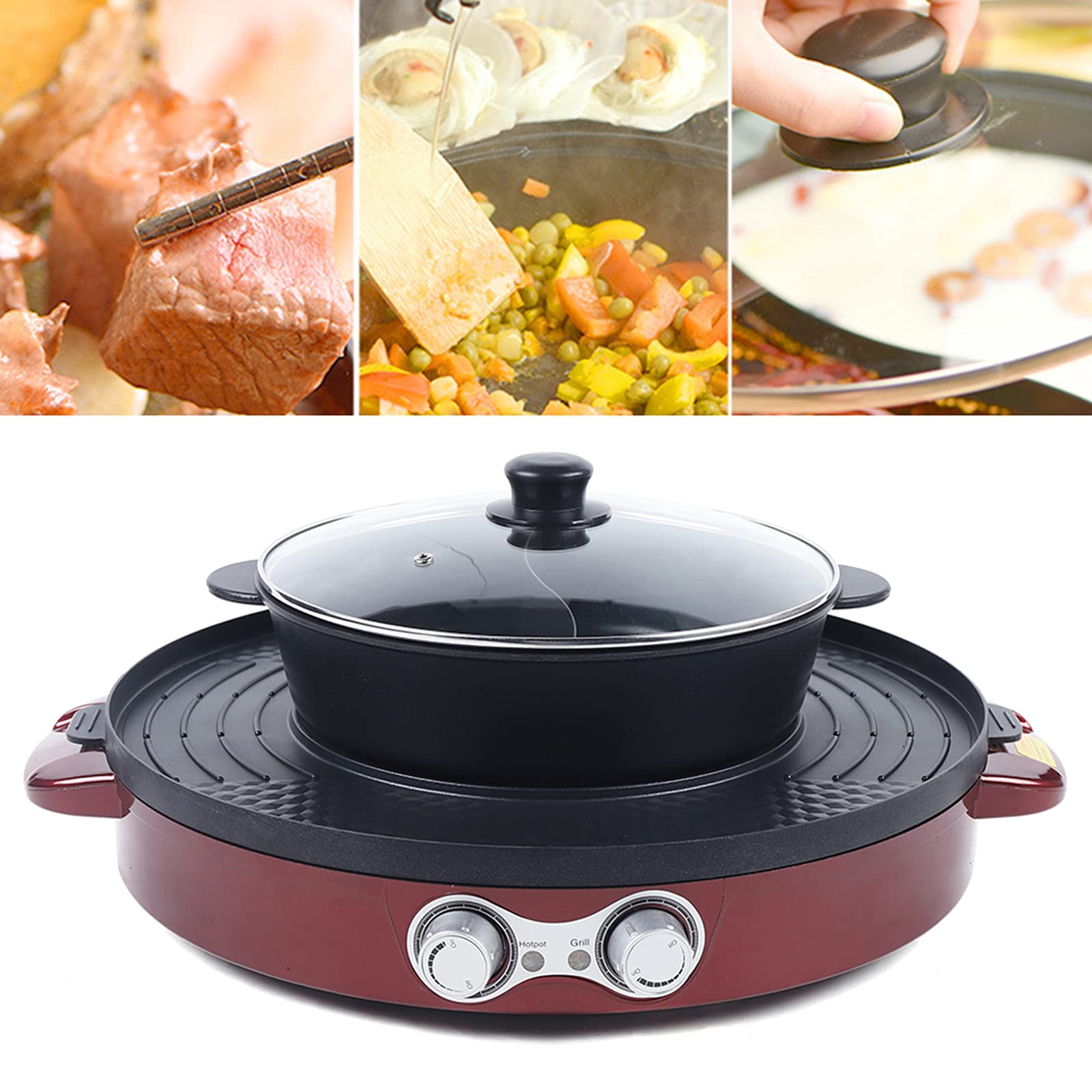 2 in 1 Elektrischer Hot Pot und Grill, Elektro-Backofen Doppeltrennung Mandarin Ente Topf BBQ Grill, Hotpot mit Unabhängiger Temperaturregelung, 2200 W, 52 * 52 * 18.5cm