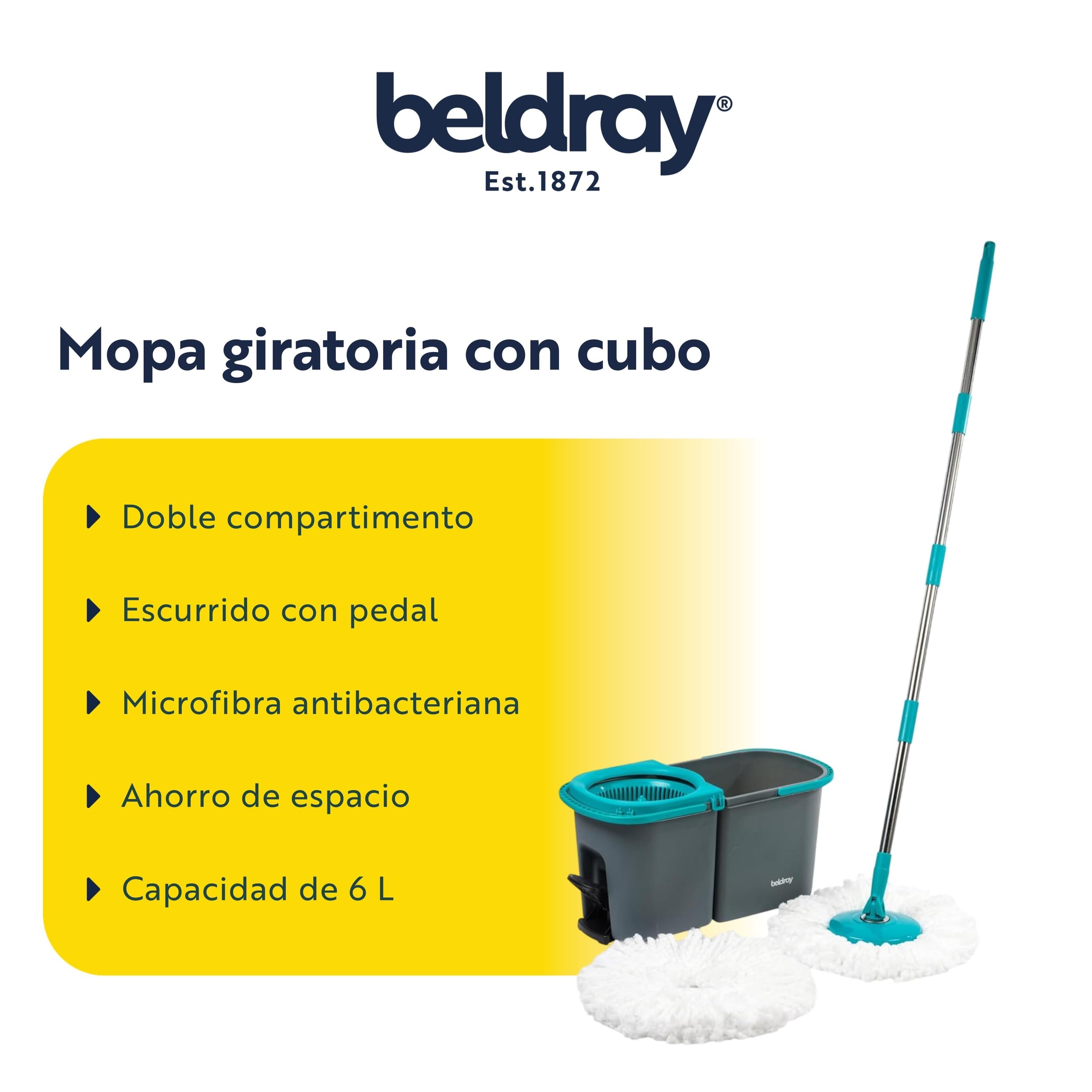 Beldray Antibac - Mopa giratoria con cubo, cubo de fregona de doble compartimento, agua limpia y sucia, 2 asas para una fácil maniobrabilidad, función de giro activada por pedal, cabezal de fregona de