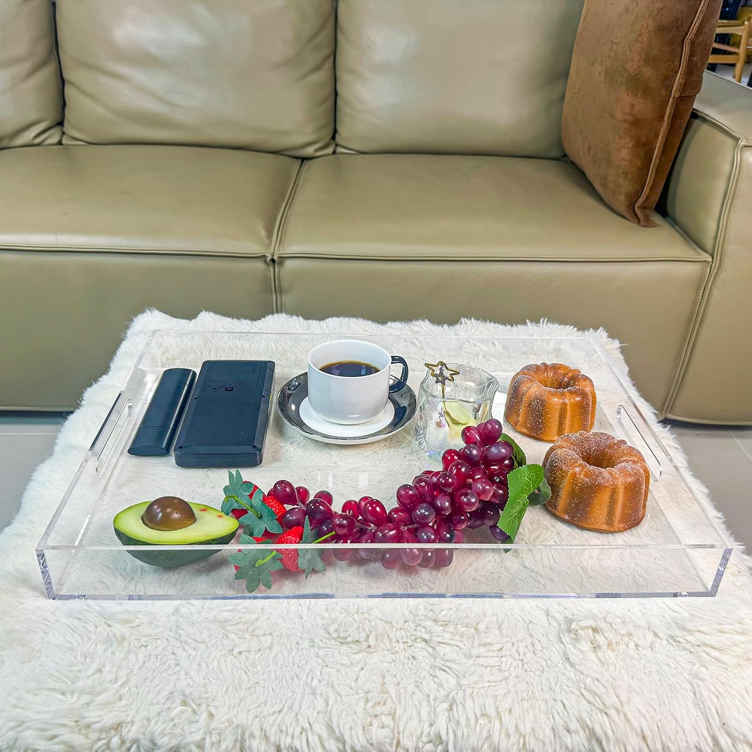 Clear Rectangular 14x20 Inches Acrylic Ottoman Tray Decorative Serving Tray with Cutout Handles Organizer Tray on Coffee Table Countertop Big Breakfast Bed Tray Living Room Appetizer Serving Food - Image 3