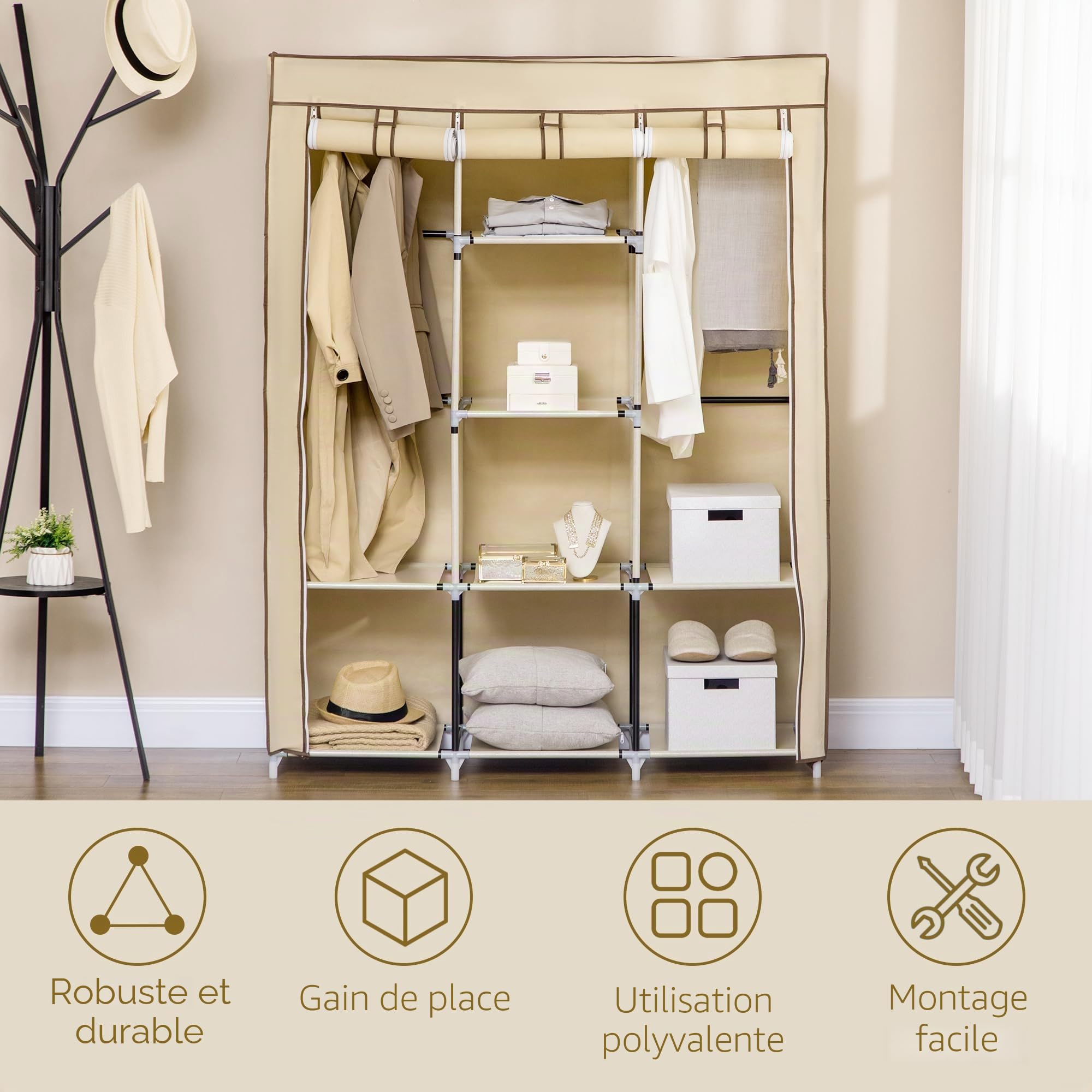 HOMCOM Armoire en Tissu avec 8 étagères, 125 x 43 x 162.5 cm, Beige