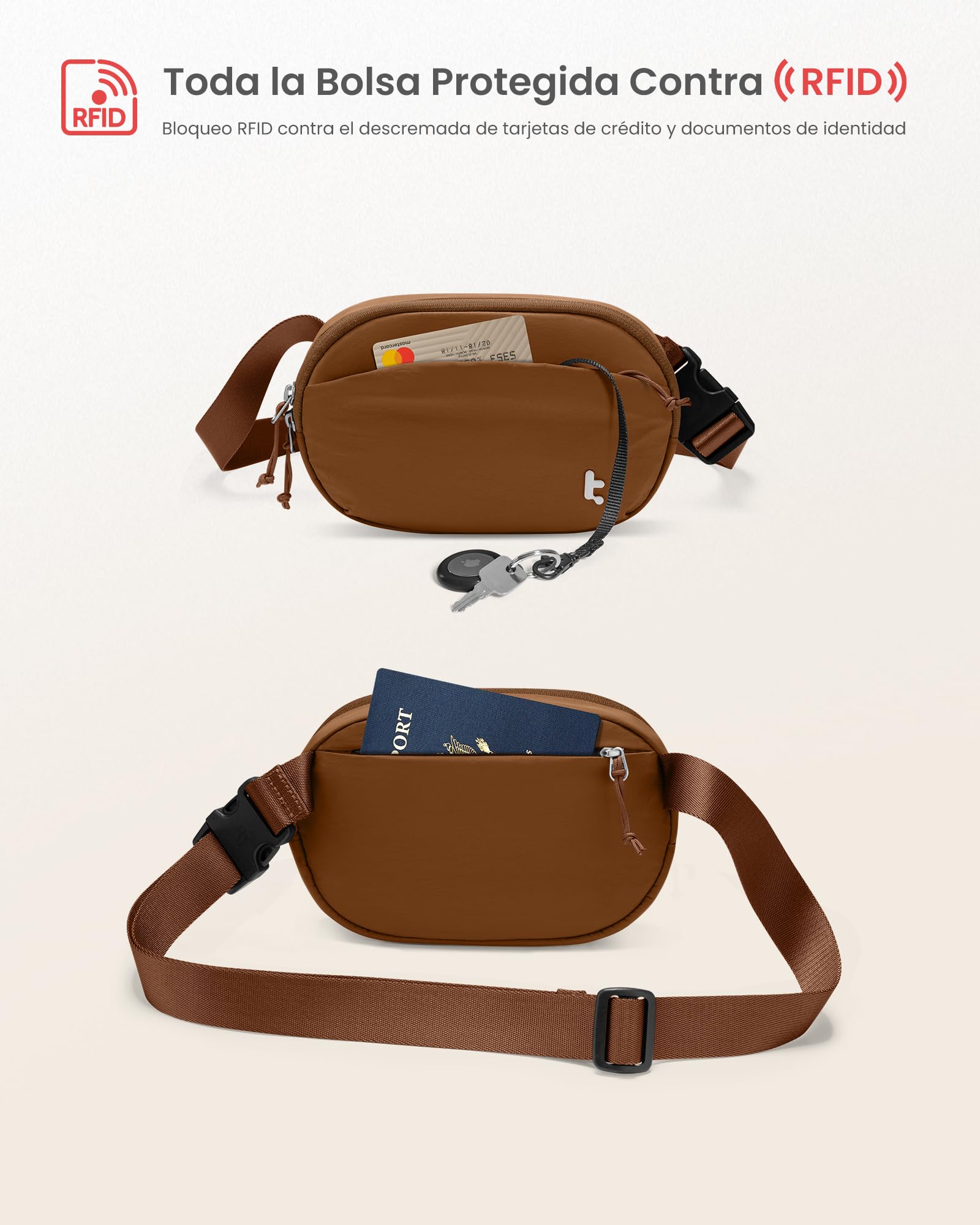 Tomtoc Bolso Bandolera Mujer con Protección RFID, 1,5L Impermeable Ligero, Uso Diario y Portátil de Viaje, Caramelo