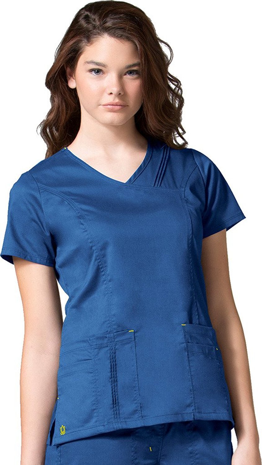 Maevn Women's Blossom Collection Pintuck Mock Wrap Top, Royal Blue/Yellow, X-Small