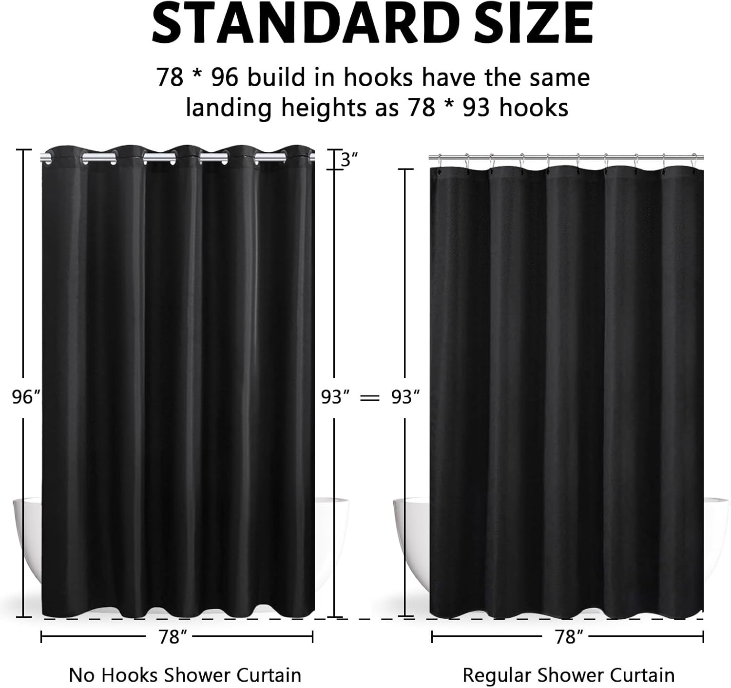 Furlinic No Hook Extra Long Shower Curtain 96 Length,Polyester Cloth Fabric Bathroom Curtain with 10 Built-in Grommets,Waterproof & Machine Washable,78 x 96 Inch