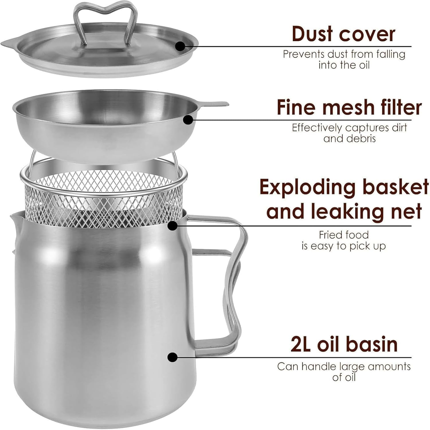 Stainless Steel Fryer with Basket, Lid, 50/68oz Large Capacity 2 in 1 Oil Strainer Pot, Large Capacity Versatile Oil Filter Pot Vessel (2L / 68oz)