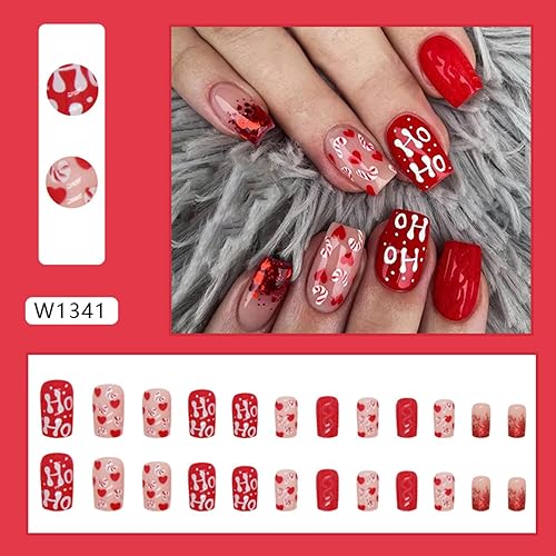 Miniatura 4 de Uñas postizas a presión de Navidad, uñas postizas cuadradas cortas con diseños, acrílico rojo, cobertura completa, uñas con pegamento de Navidad con
