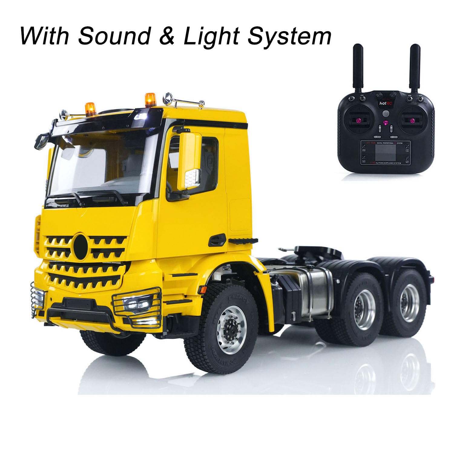 wheelfun 1/14 RC Trcuk 3363 - Modellino di auto per camion radiocomandato, in metallo, senza blocco, cambio a 2 velocità, suono luminoso, modello per adulti (giallo)