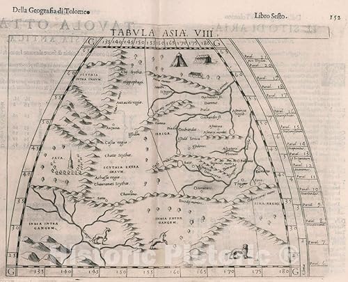 Mapa histórico India, Asia Tabvla Asiae VIII. Della Geografia di Tolomeo. Libro Sesto, 1599 Atlas, arte de pared vintage 44 x 36 pulgadas