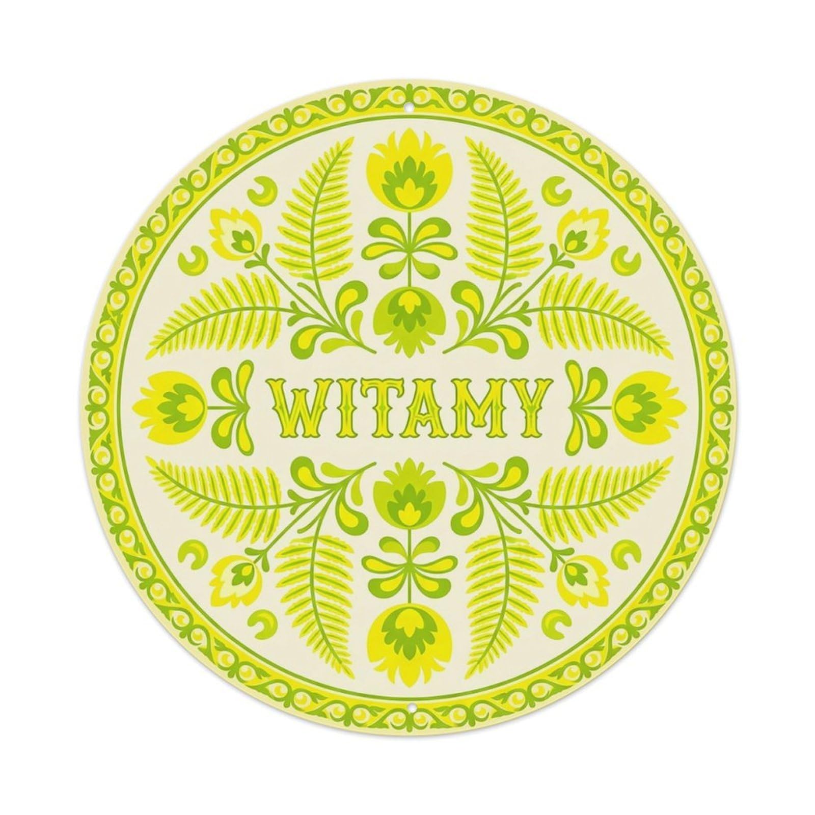 Vintage Polish Folk Art Witamy Welcome Lemon Fern Metal Tin Sign