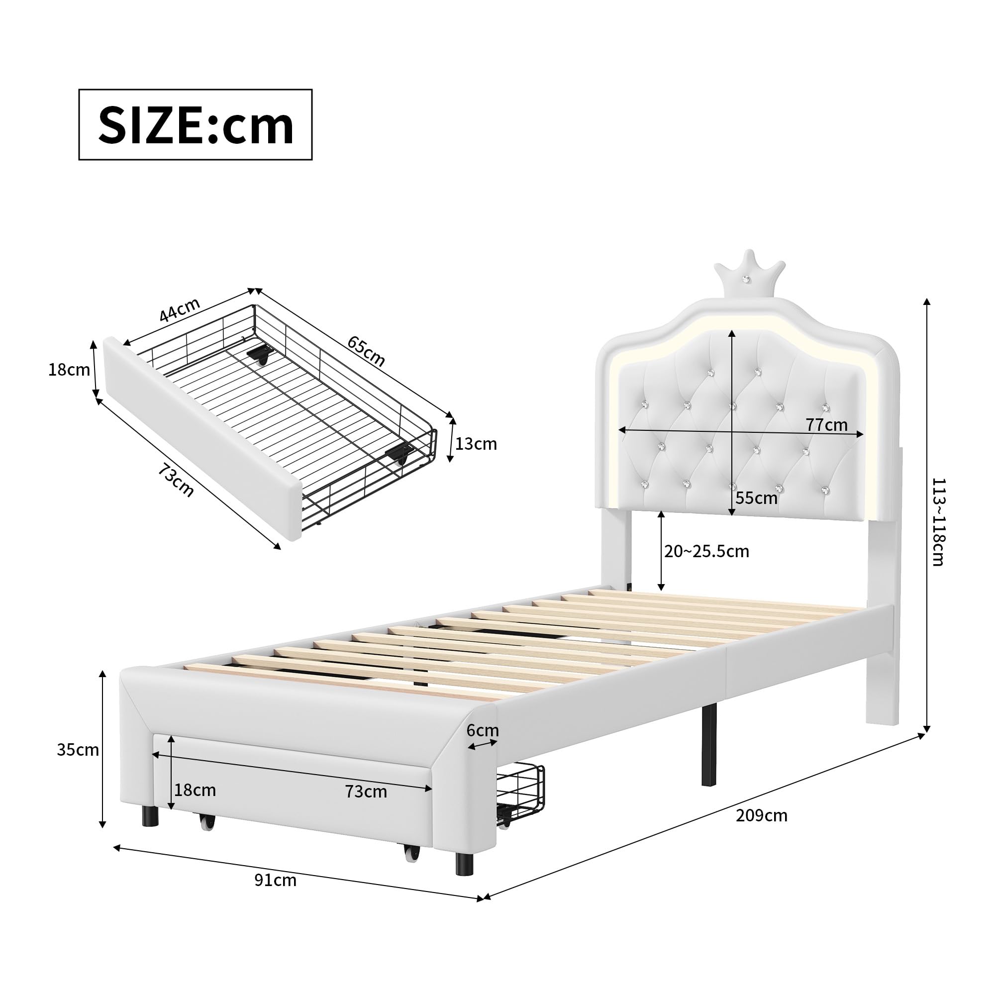 Callicarpa Letto Imbottito Singolo 90x200 Cm Con Luci LED RGB, Cassetti E Testiera Regolabile – Struttura In Acciaio, Bianco